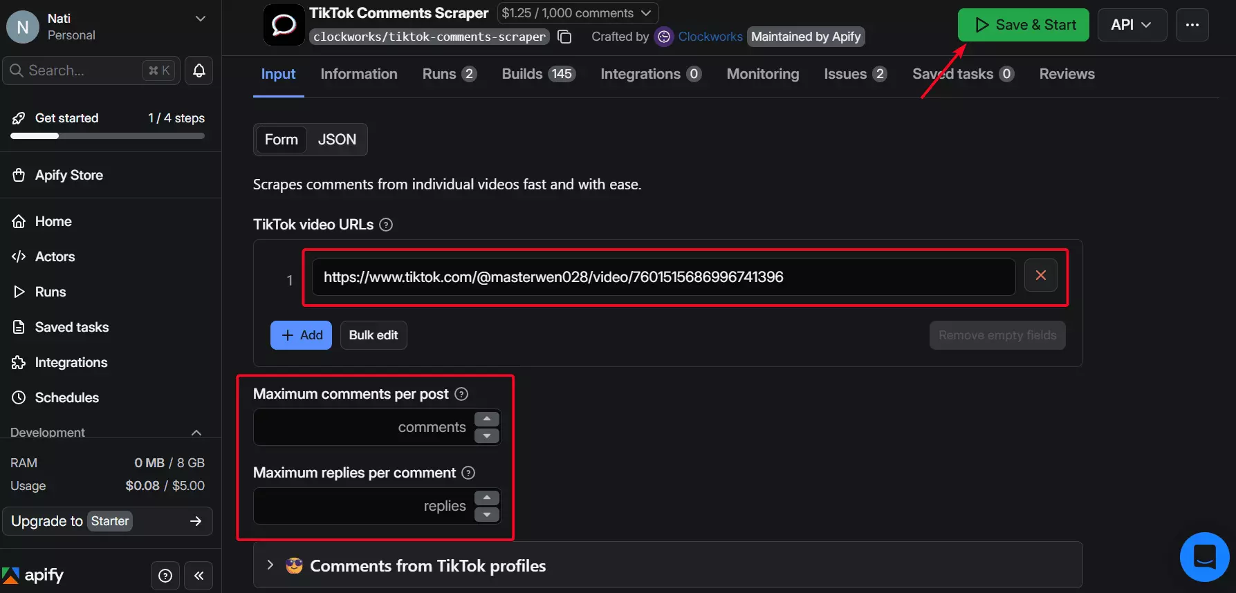 Apify dashboard for TikTok comment scraping