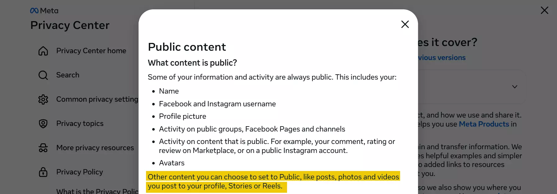 Meta Privacy Center definition of public content