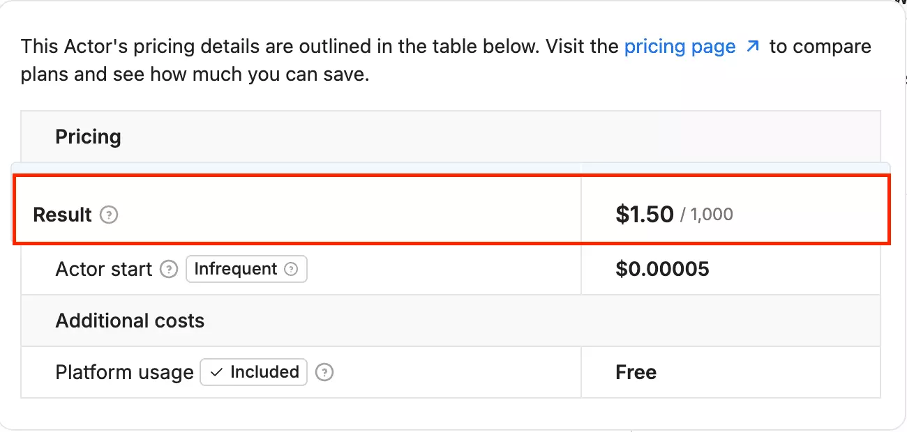 Apify pricing page