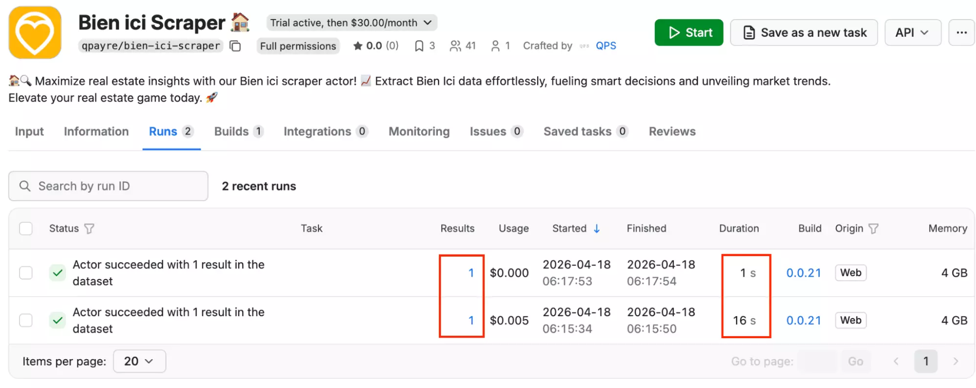 Apify speed test results — 1 result returned in testing