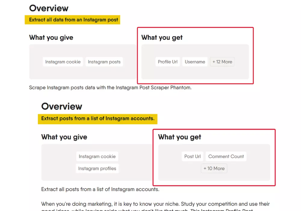 Phantombuster Instagram Post Scraper data points