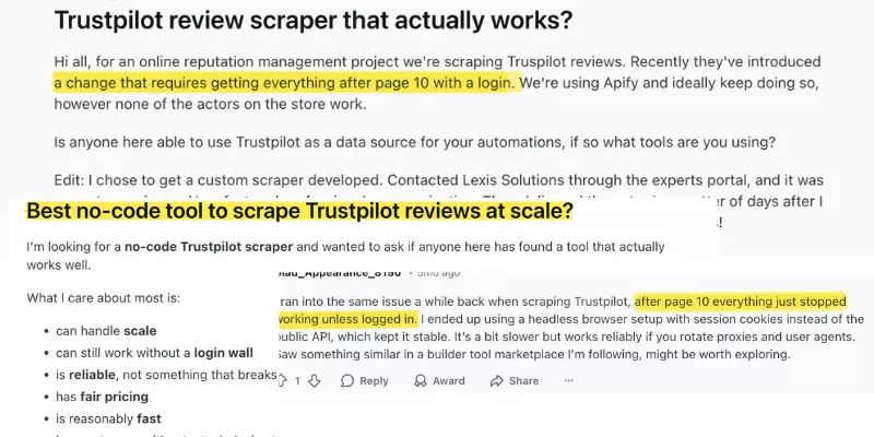 Reddit community post about struggling to find a reliable no-code Trustpilot scraper