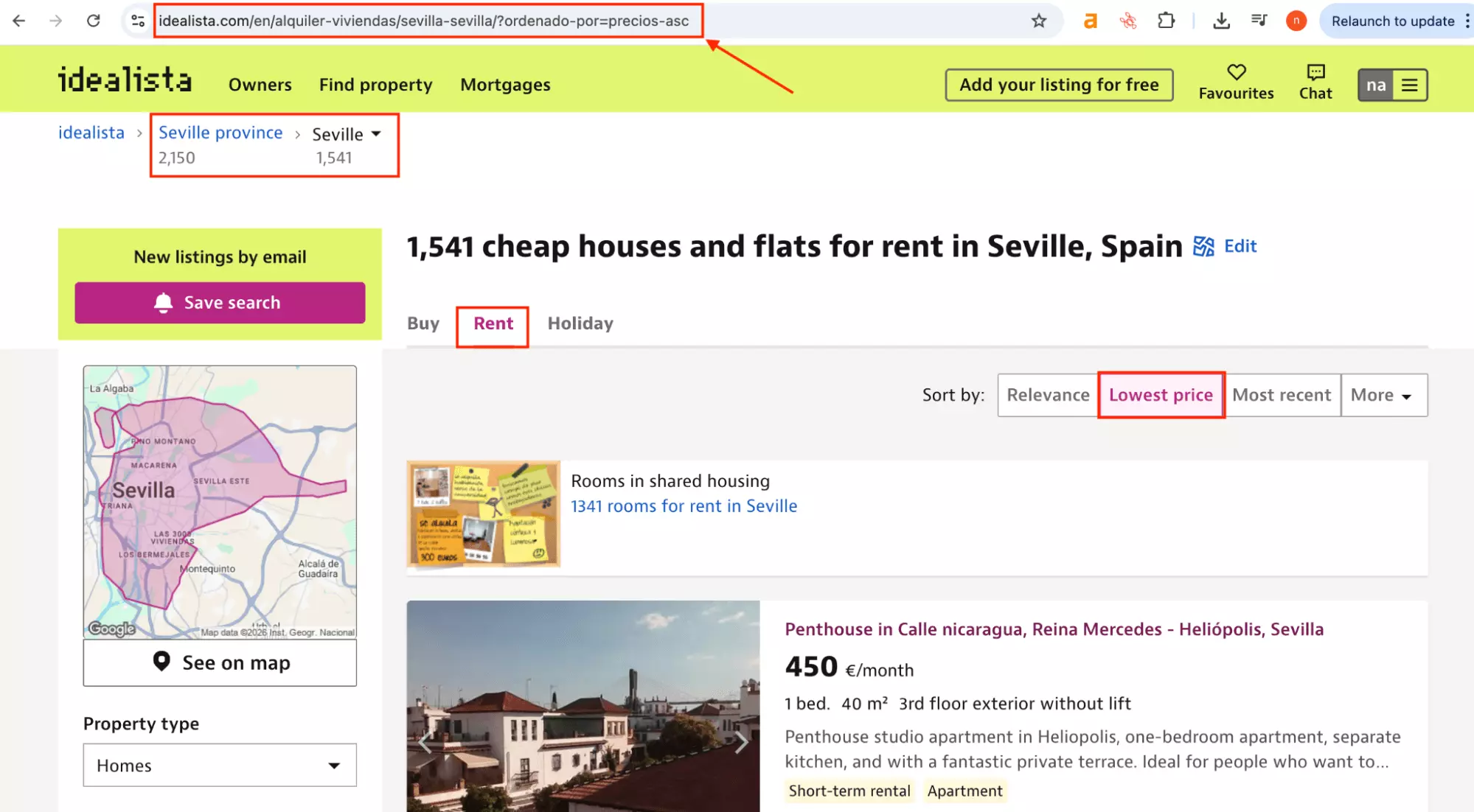 Idealista search page showing how to copy the search URL for lobstr.io