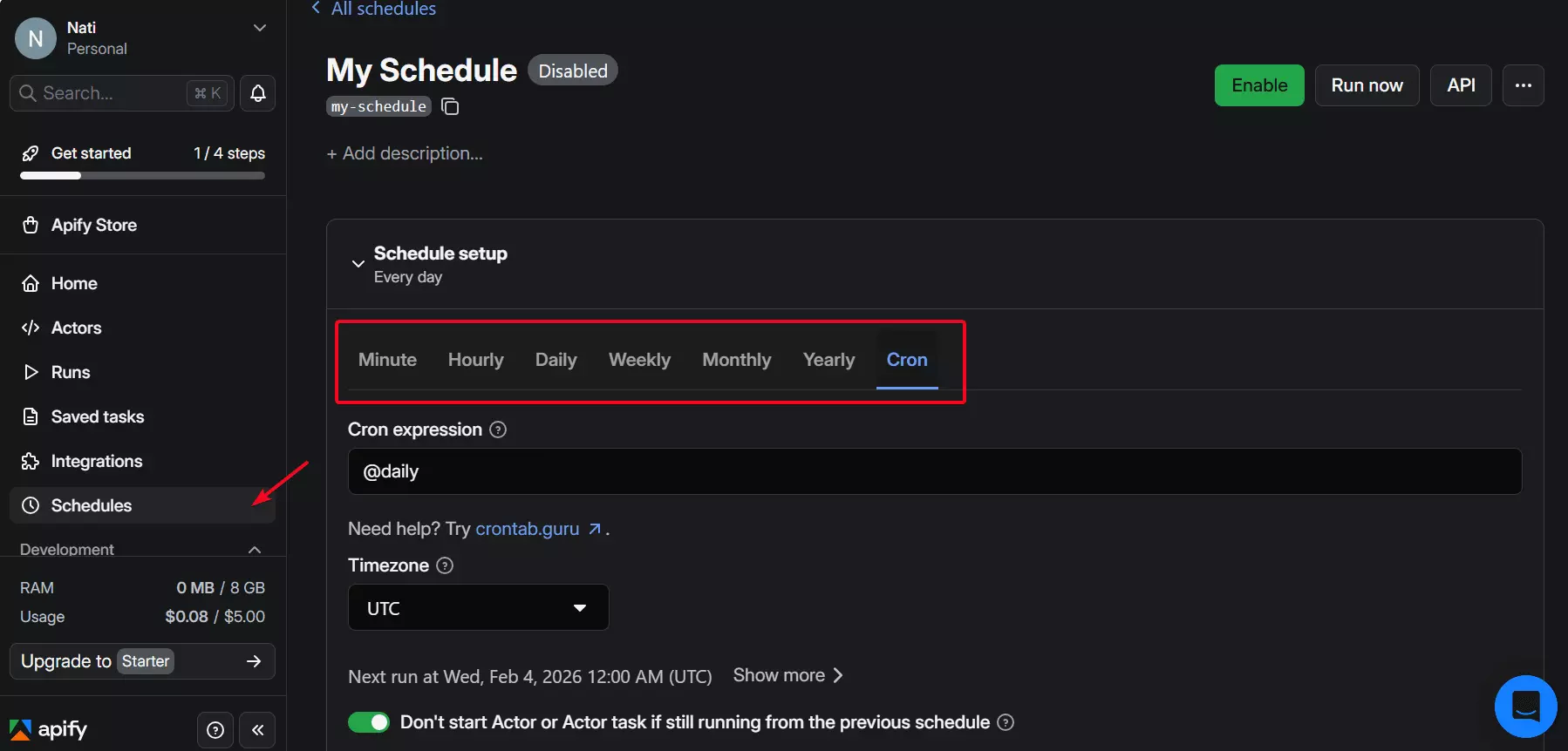 Apify scheduling tab location inside the dashboard