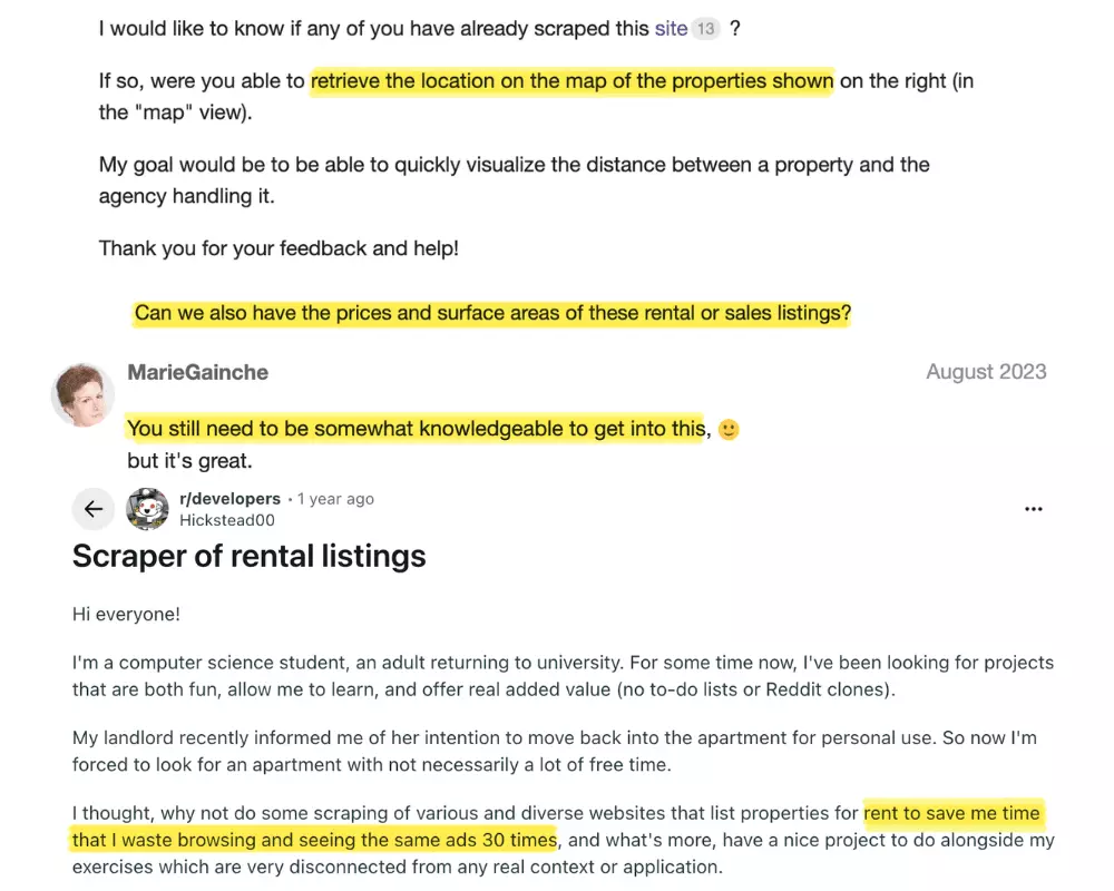 Community posts and user reviews about scraping Bien'Ici