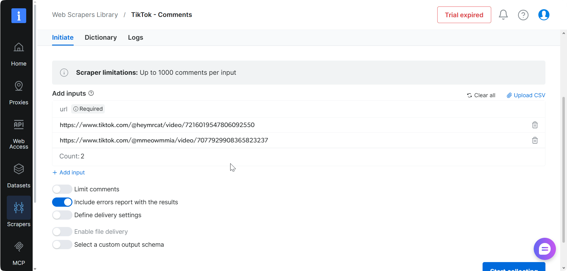Bright Data scraper interface and comment limit controls