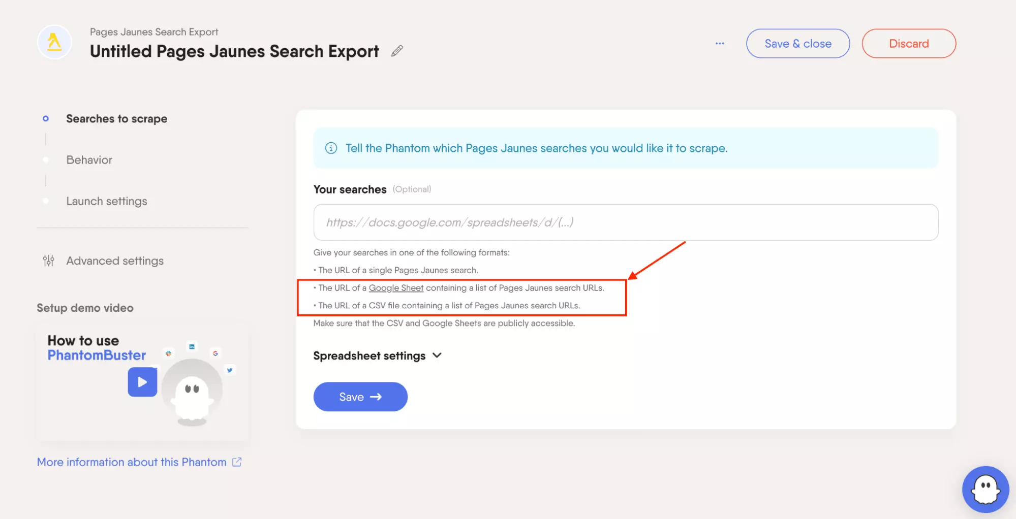 PhantomBuster bulk URL input via Google Sheet or CSV