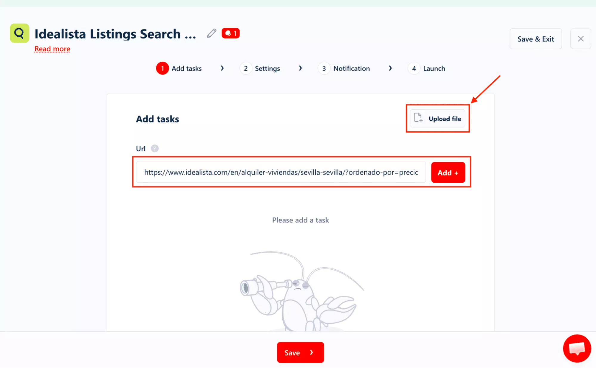 lobstr.io URL input field with Idealista search URL pasted in