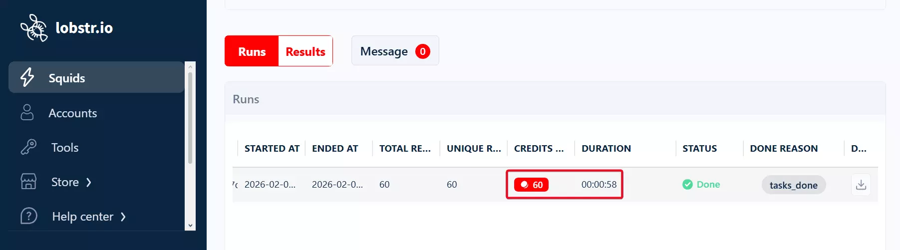 lobstr.io speed test result — 60+ comments per minute