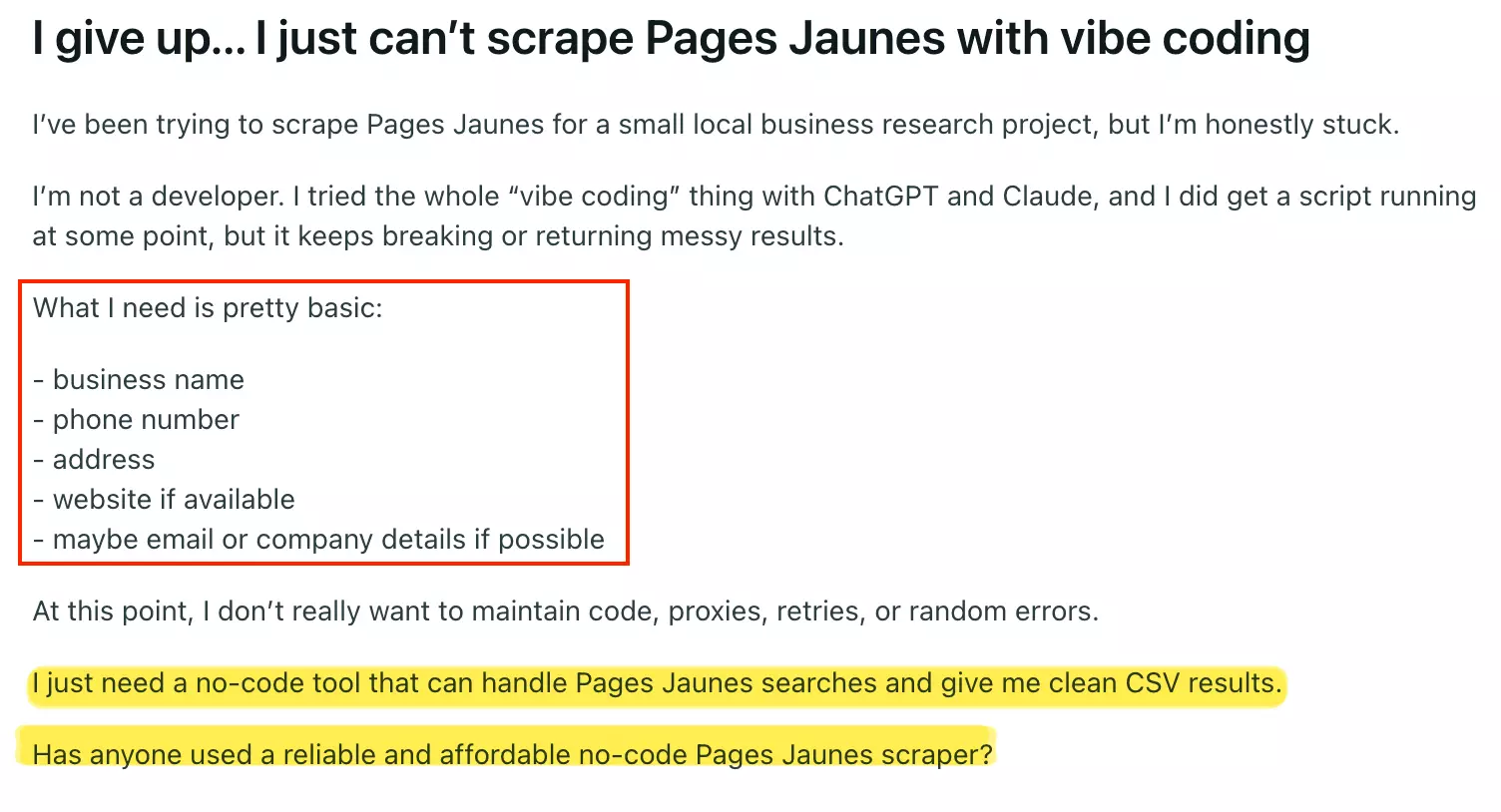 Reddit post showing a user struggling to scrape PagesJaunes with vibe coding and asking for no-code scraper recommendations