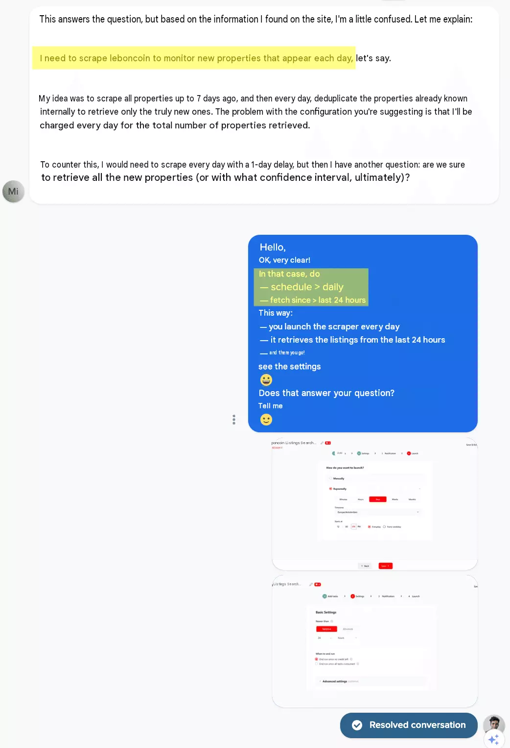 A lobstr.io support chat from 23 September 2026, translated: a customer needs to scrape Leboncoin to monitor new properties that appear each day and plans to deduplicate the listings already known; the answer is schedule daily and fetch since the last 24 hours, with the two settings screenshots
