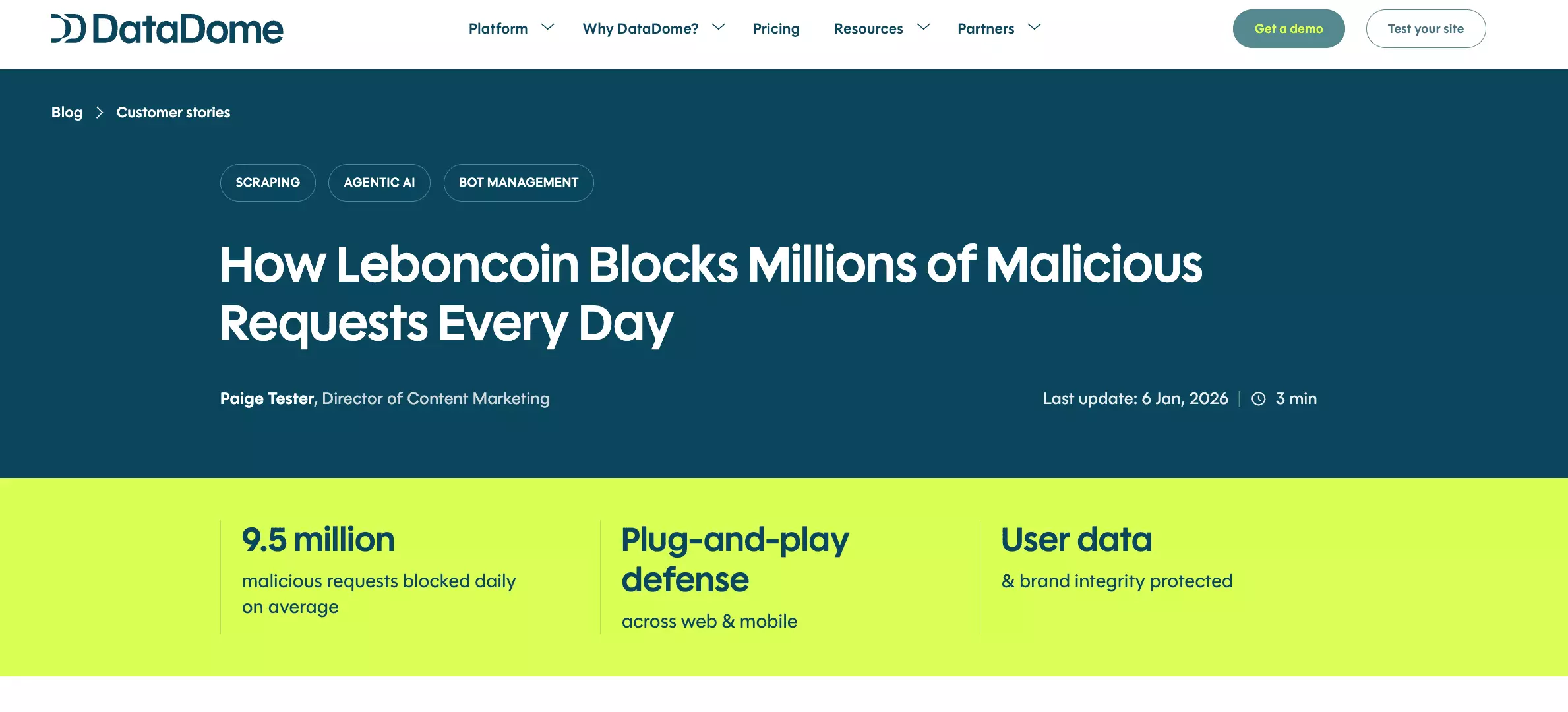 DataDome customer story headline How Leboncoin Blocks Millions of Malicious Requests Every Day, last update 6 Jan 2026, with the stat 9.5 million malicious requests blocked daily on average