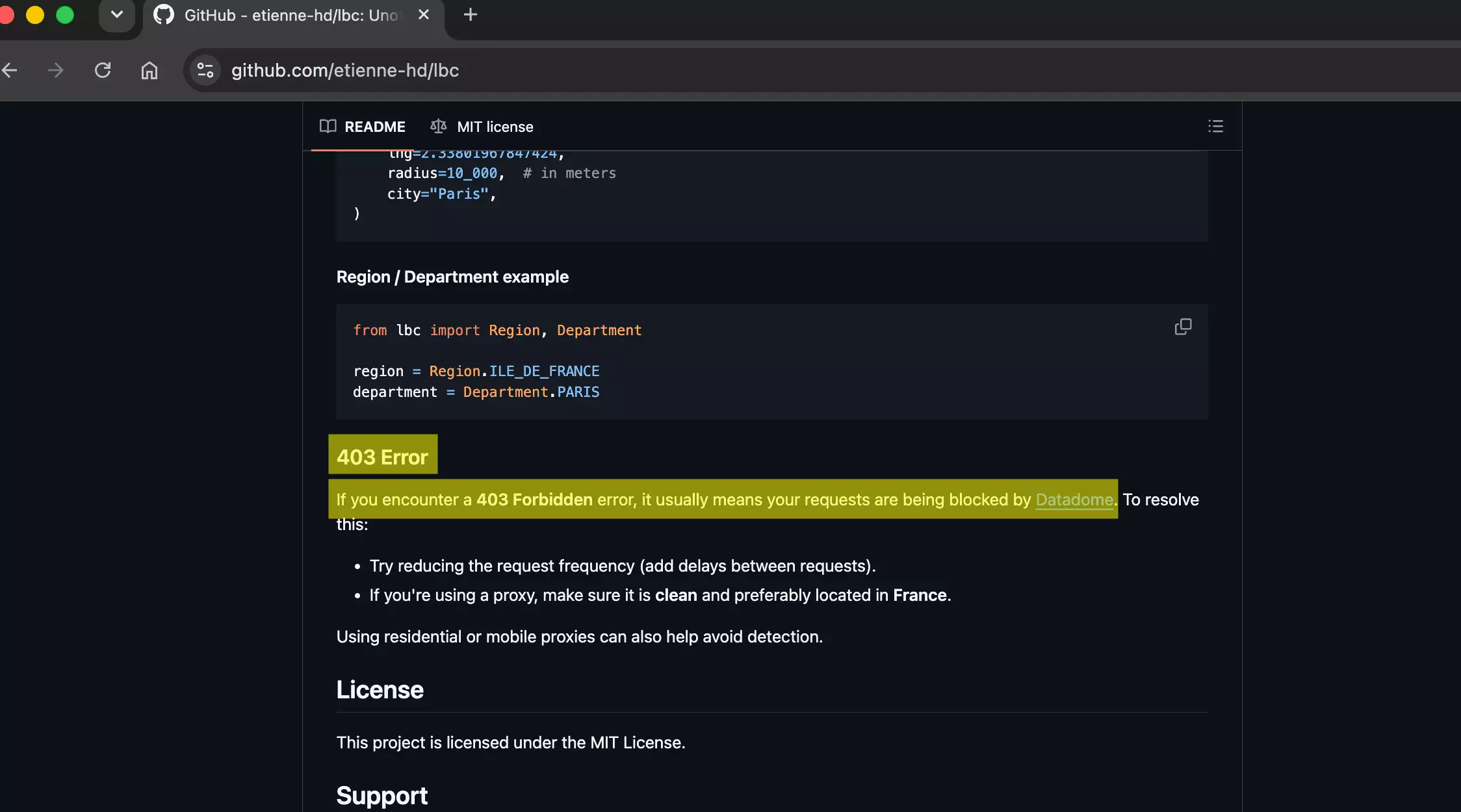The 403 Error section of the lbc README on GitHub, highlighted: If you encounter a 403 Forbidden error, it usually means your requests are being blocked by Datadome, with the advice to reduce request frequency and use clean proxies located in France