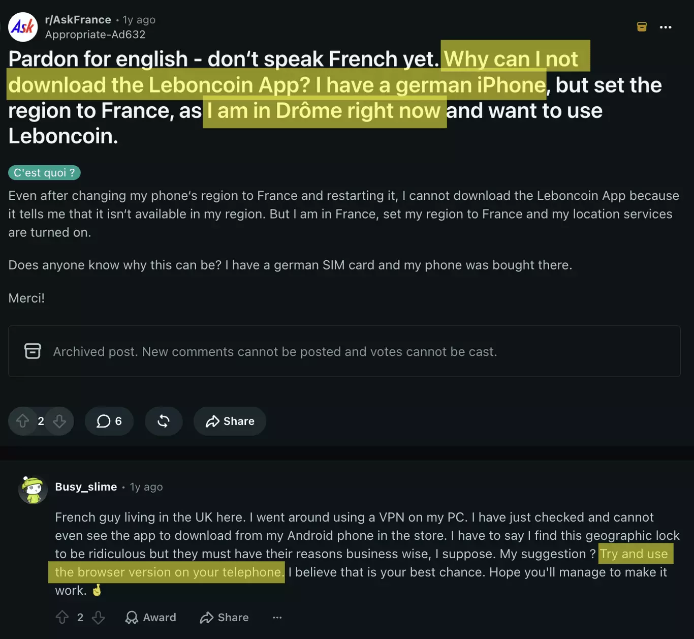 Reddit r/AskFrance post: Pardon for english, don't speak French yet, why can I not download the Leboncoin App on a German iPhone while in Drôme; a commenter, a French guy living in the UK, cannot see the app in his store either and suggests using the browser version