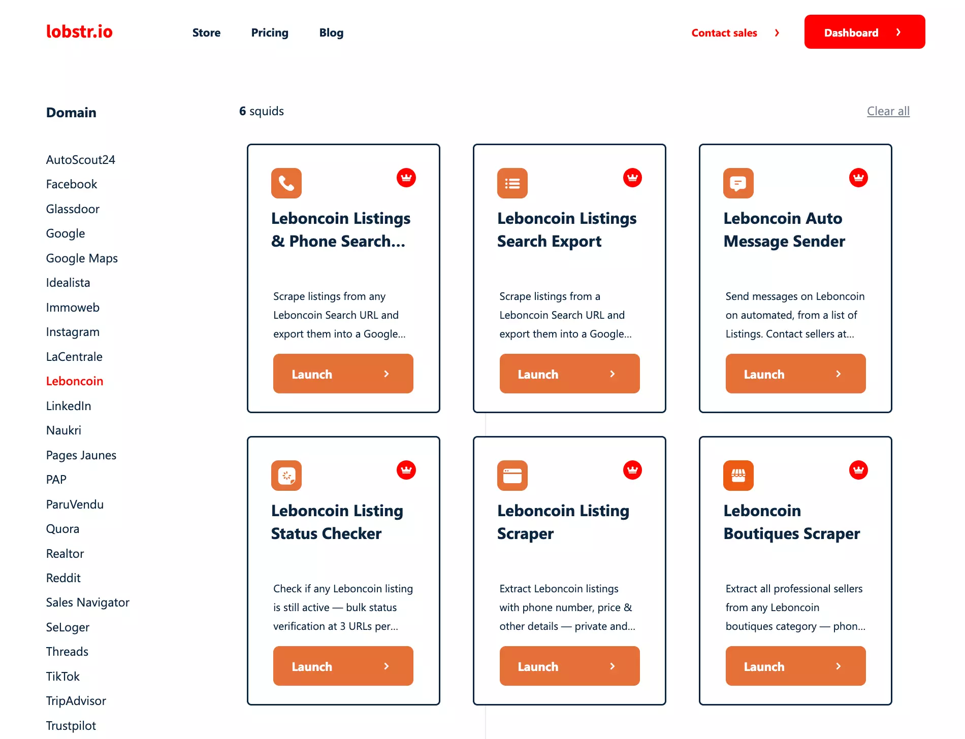 The lobstr.io store filtered on the Leboncoin domain: six scraper cards, Listings and Phone Search Export, Listings Search Export, Auto Message Sender, Listing Status Checker, Listing Scraper and Boutiques Scraper