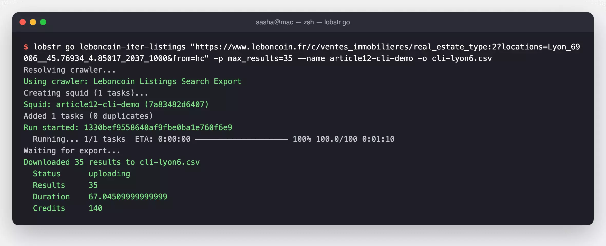 Terminal running lobstr go leboncoin-iter-listings on the Lyon search URL with max_results 35: crawler resolved, squid created, run started, progress bar to 100% in 1 minute 10 seconds, 35 results downloaded to cli-lyon6.csv, 140 credits