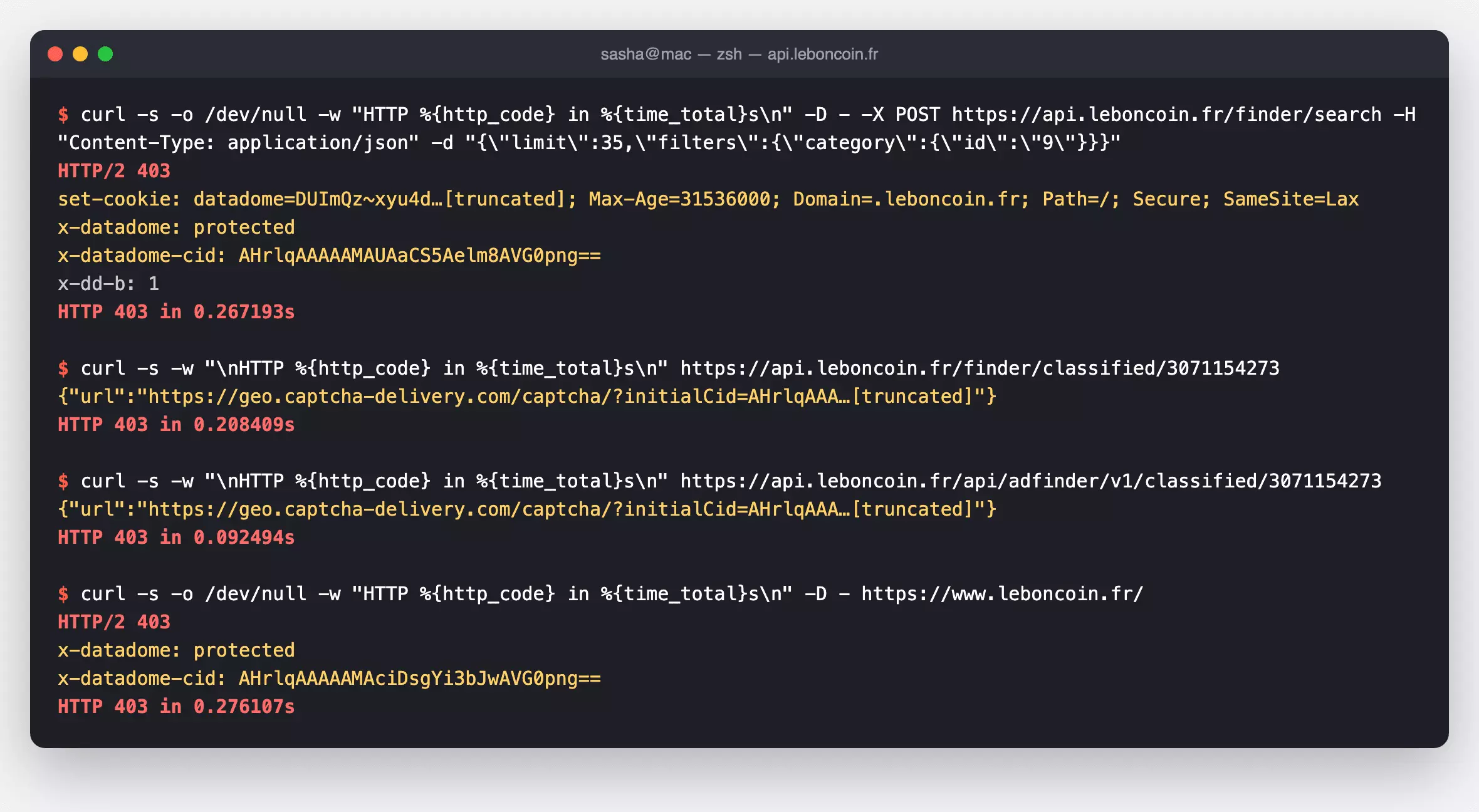 Terminal showing four plain curl requests to api.leboncoin.fr/finder/search, finder/classified, api/adfinder/v1/classified and www.leboncoin.fr, each answered HTTP 403 in under 0.3 seconds with the header x-datadome: protected and a captcha-delivery URL