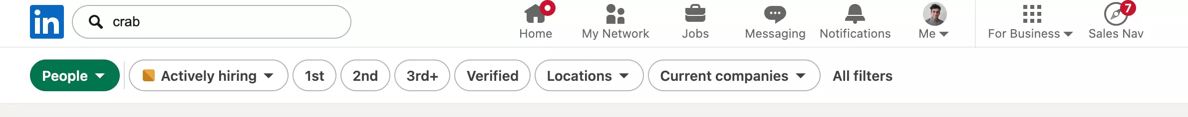 LinkedIn's People search quick-filter bar: Actively hiring, connection degree, Verified, Locations, Current companies and the All filters button that opens the full panel