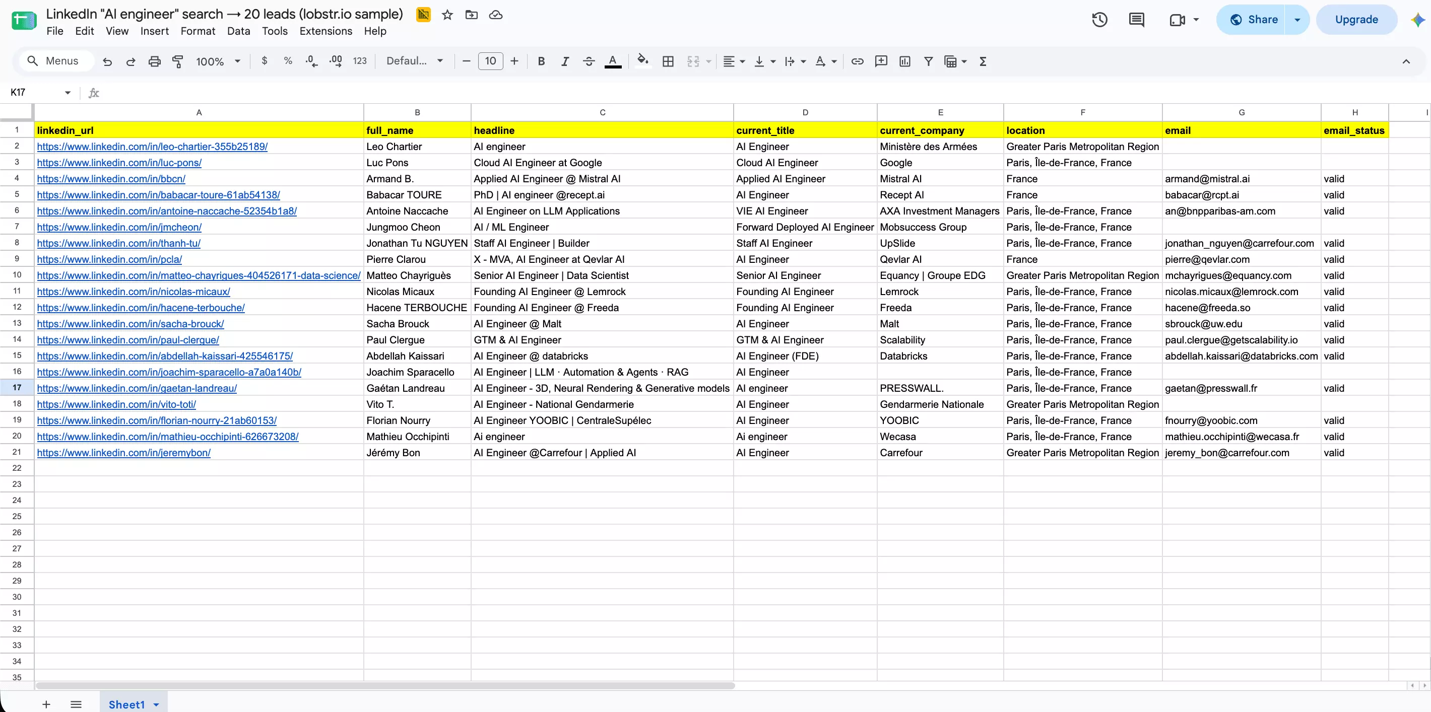 The exported Google Sheet of 20 AI engineers with linkedin_url, full_name, headline, current_company, location and valid email columns filled in
