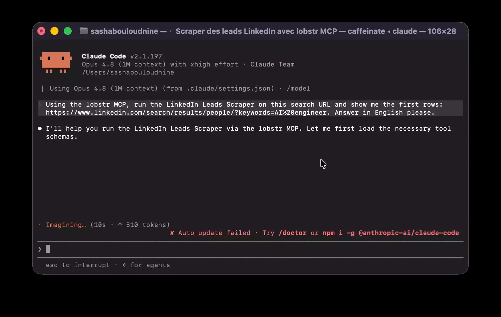 Claude running the LinkedIn Leads Scraper through the lobstr MCP server and returning lead rows