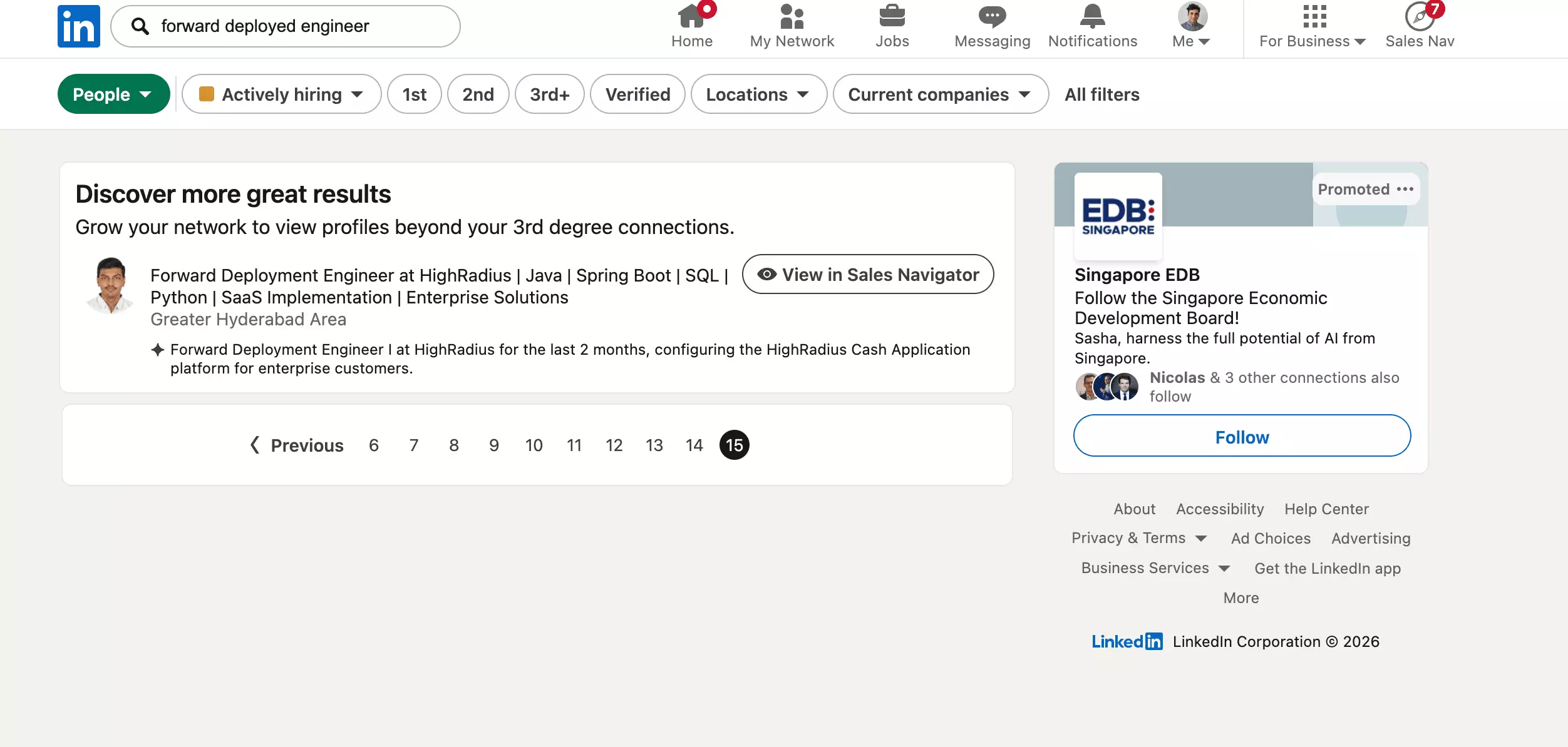 A free LinkedIn people search for forward deployed engineer stopped at page 15 with a Grow your network prompt and no page 16, a 150-result wall
