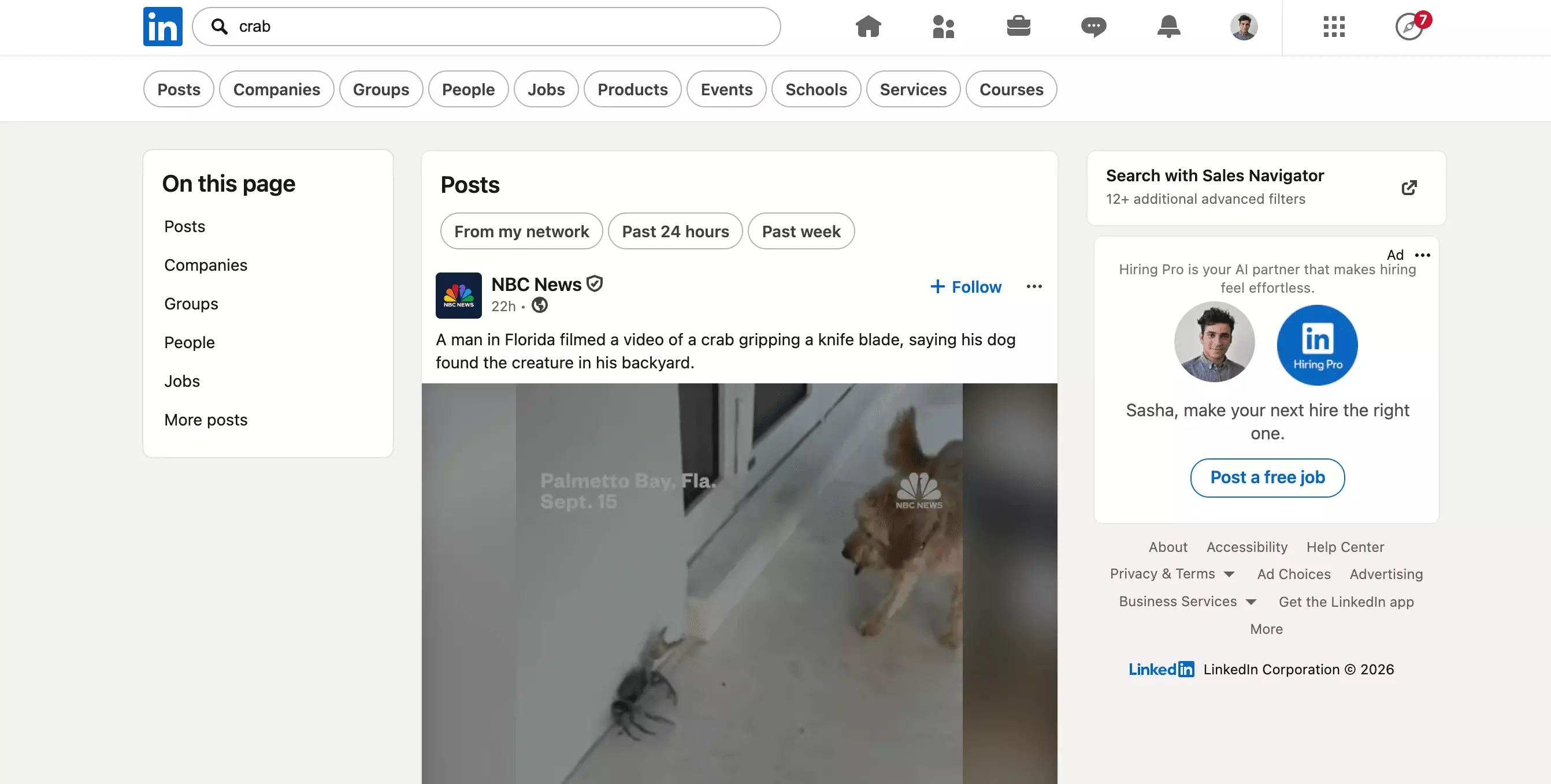 The LinkedIn global search bar with a query typed in and the People, Companies, Posts and Jobs vertical tabs below