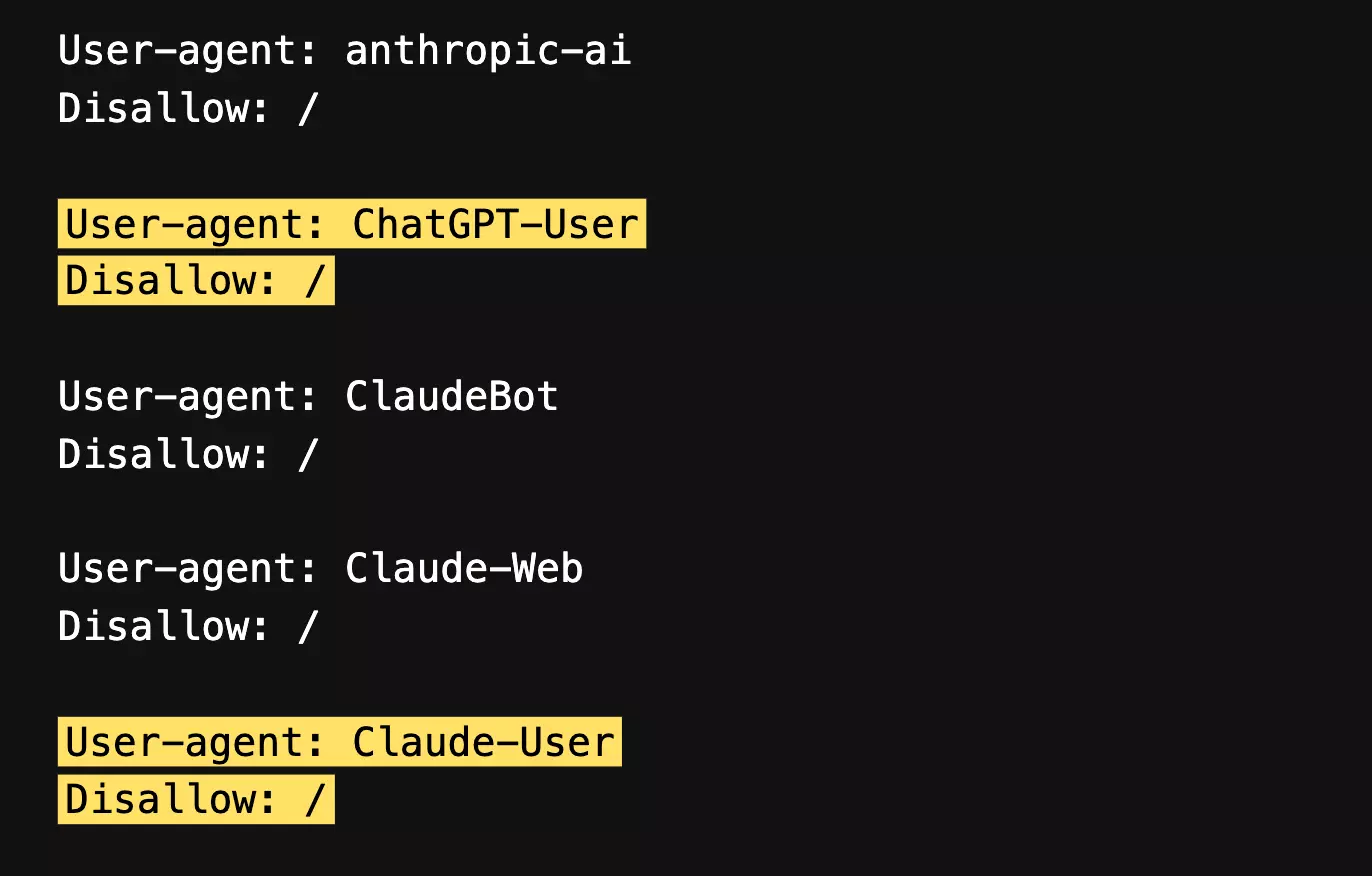 LinkedIn robots.txt blocking Claude-User and ChatGPT-User site-wide