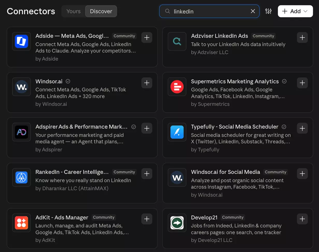Claude's connector directory searched for LinkedIn, no LinkedIn connector