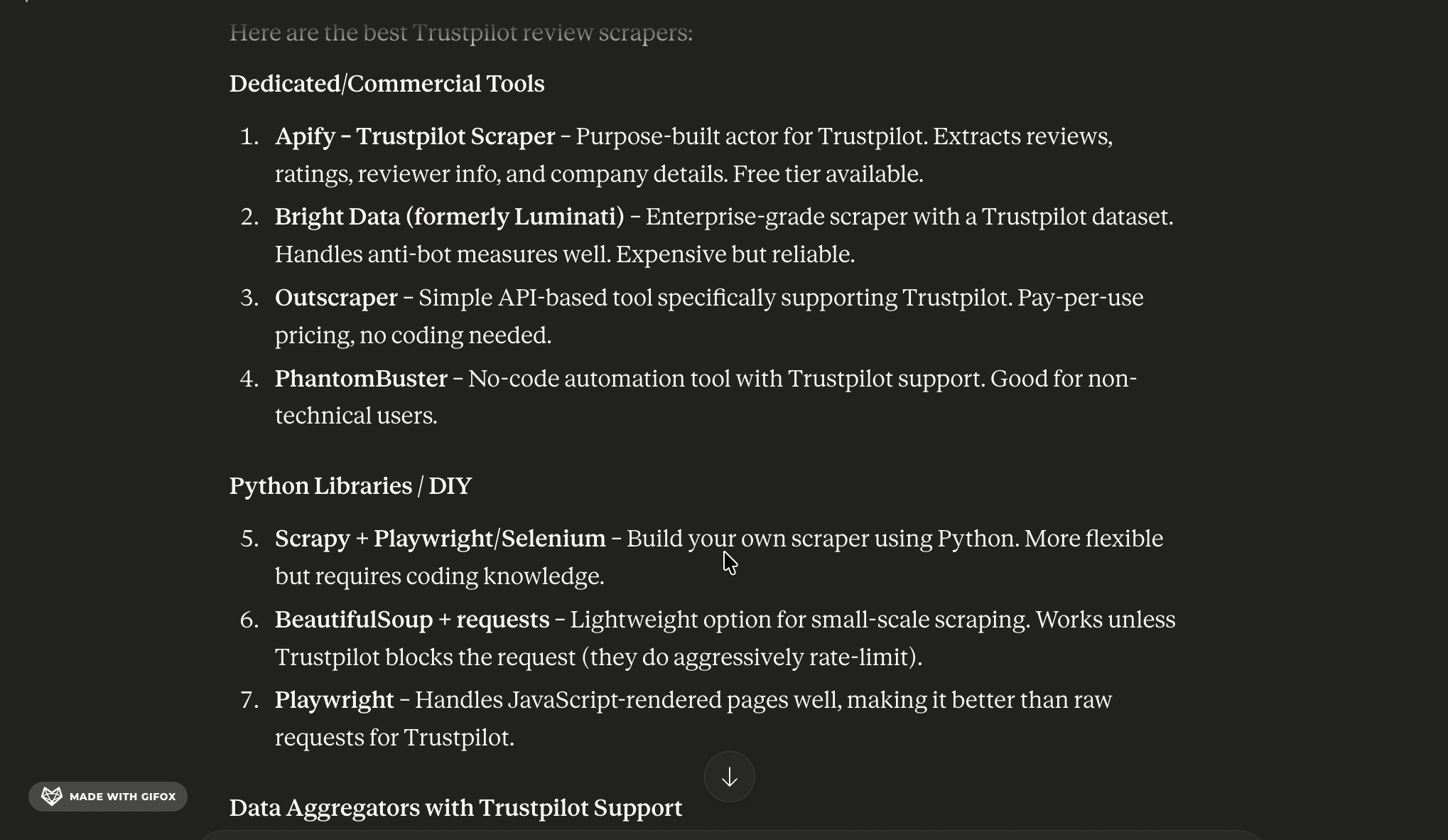 Searching for no-code Trustpilot scrapers on Google and AI