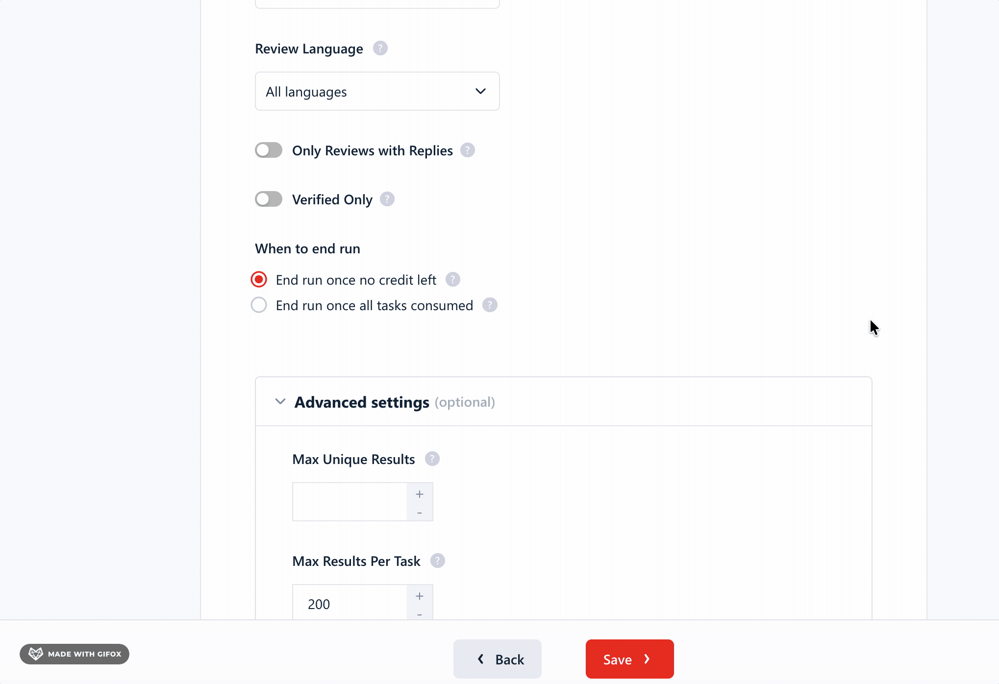 lobstr.io filter options — star rating, language, topic, keywords