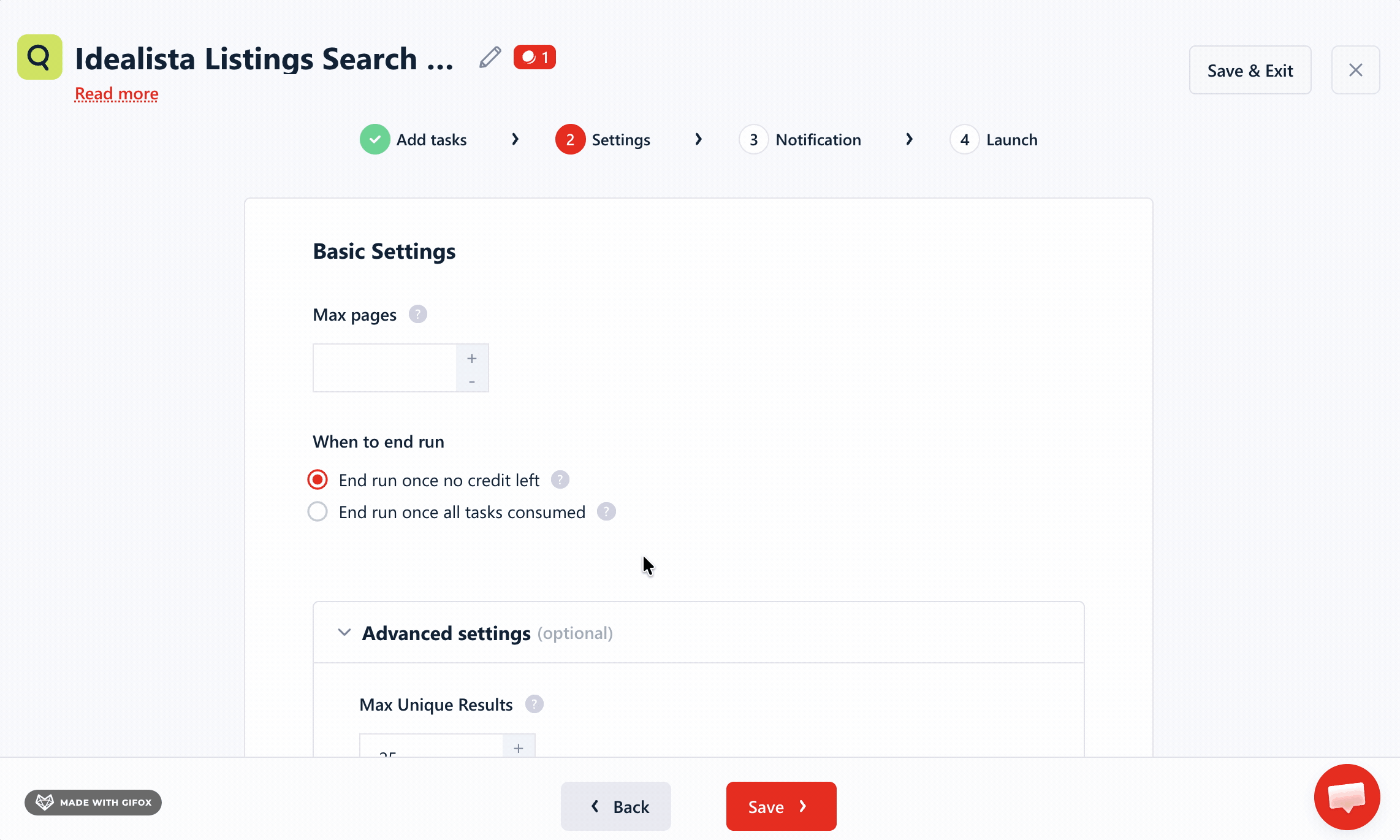 GIF of lobstr.io run settings — max pages, max results, deduplication, and line-break handling