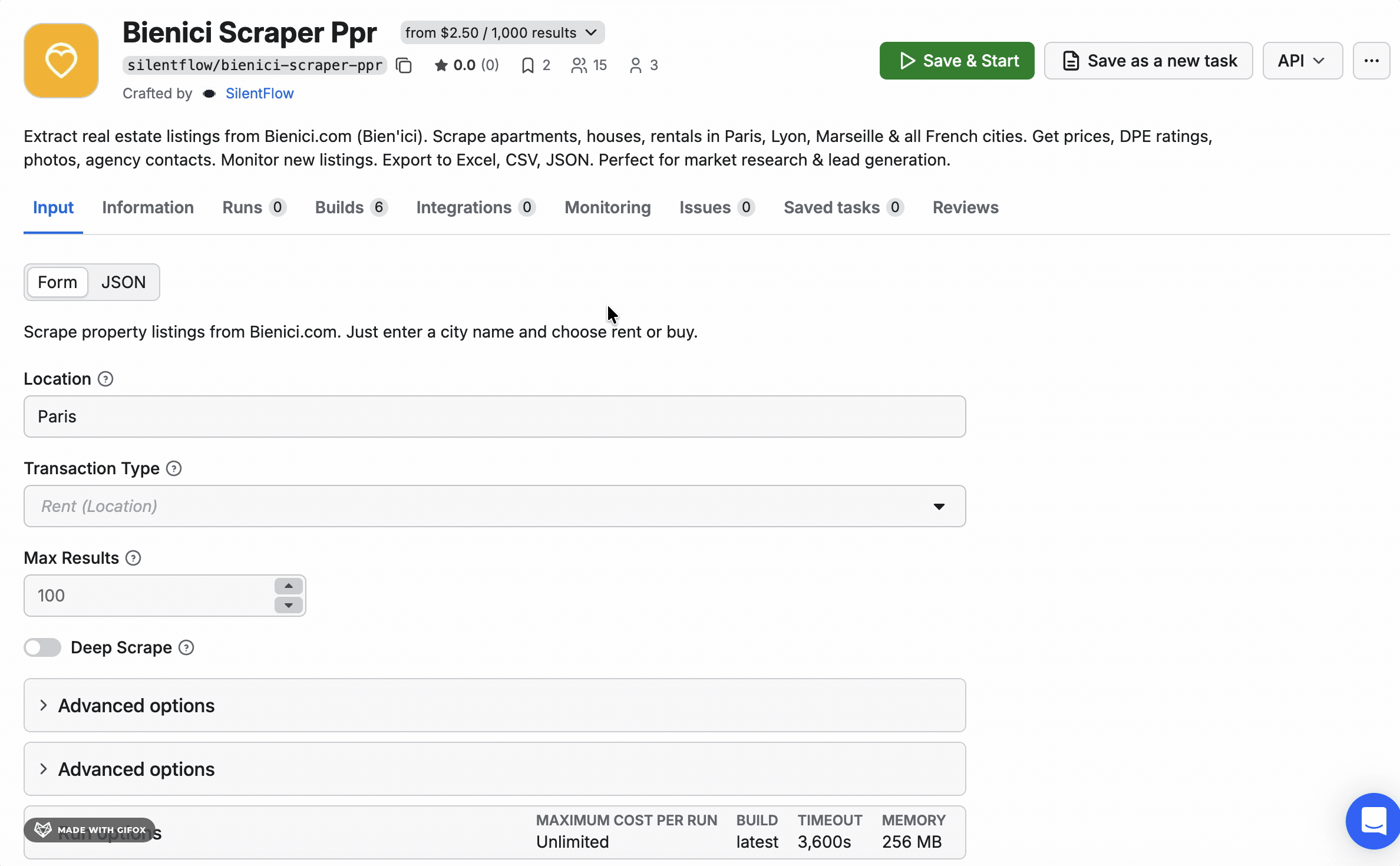 Second Apify Bien'Ici scraper showing URL-based search interface