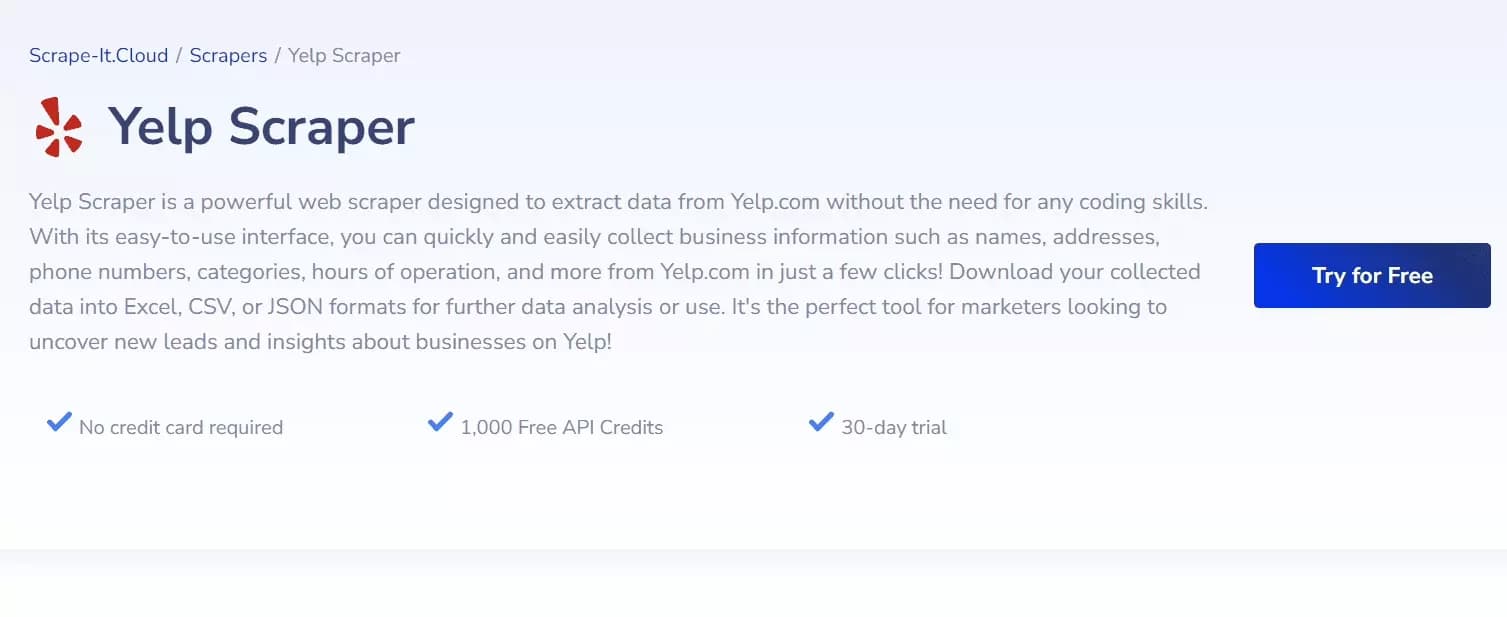 Page d'accueil du scraper Yelp de Scrape-it