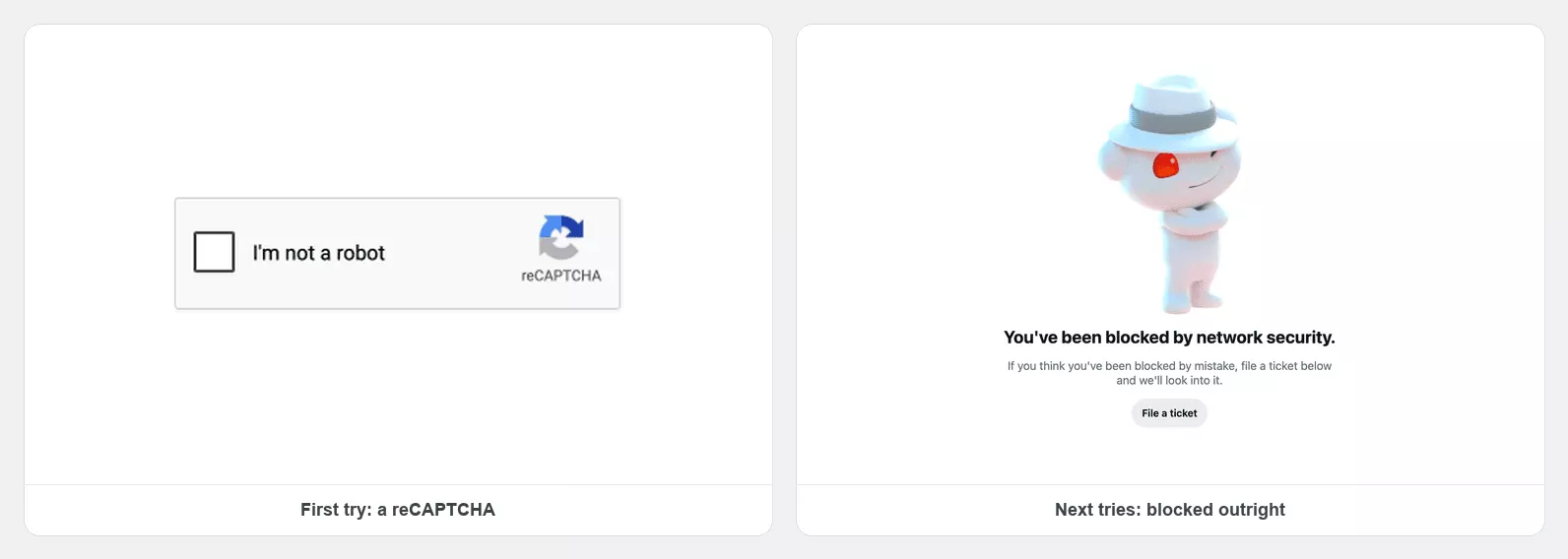 Reddit blocking automated browsers with a reCAPTCHA, then a network security block
