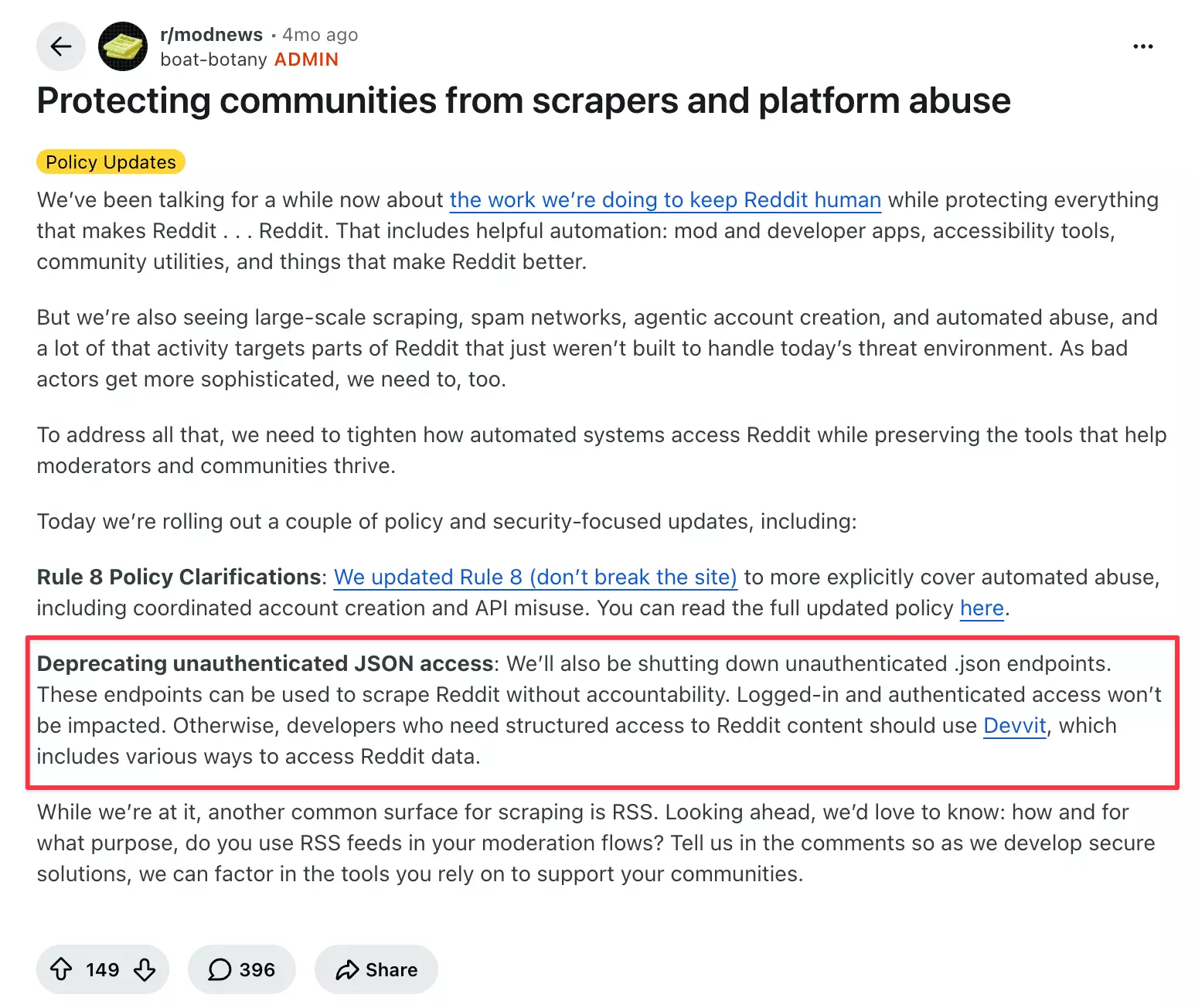 Reddit's r/modnews post announcing the shutdown of unauthenticated .json access