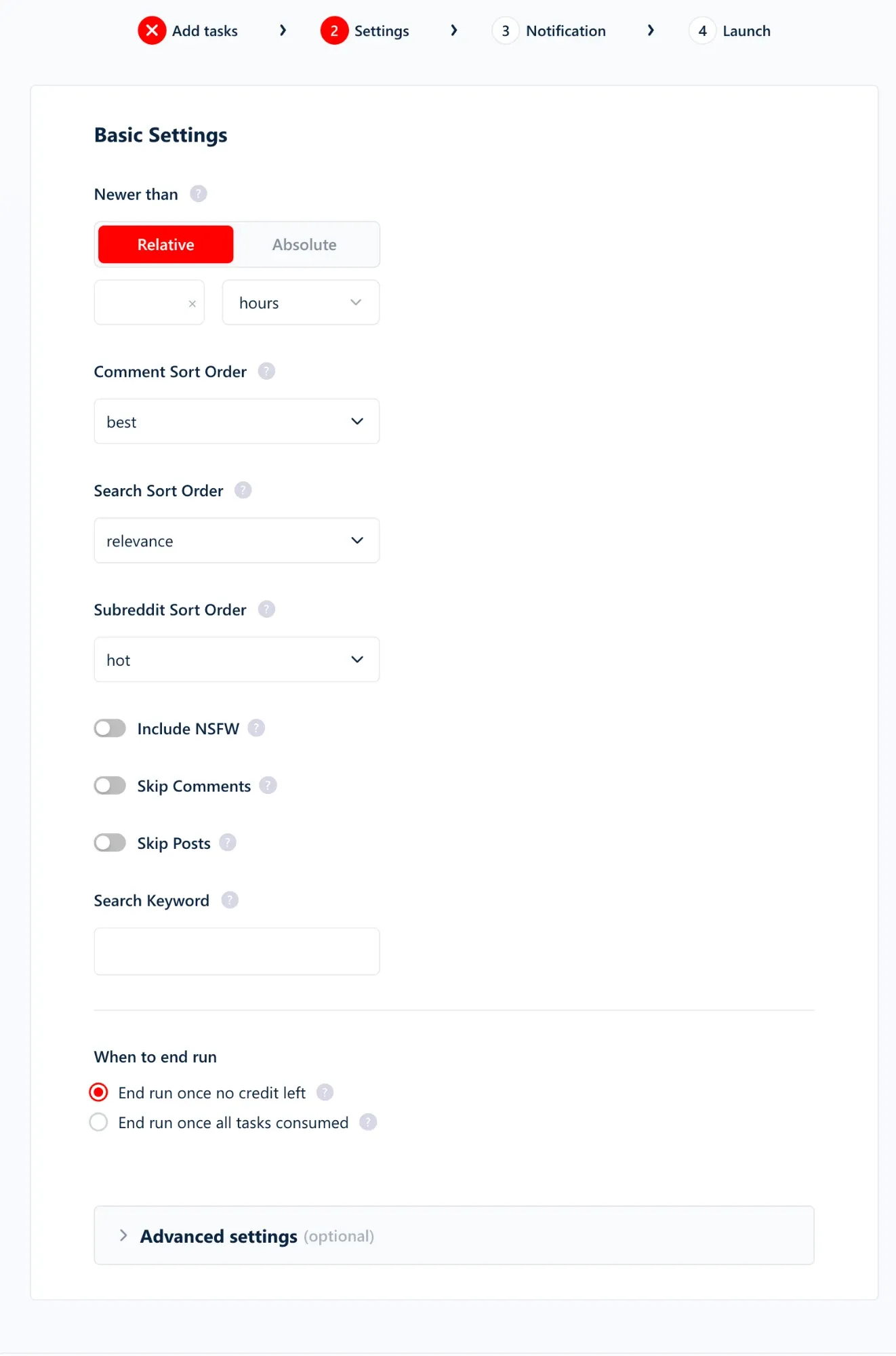 Reddit Scraper basic settings