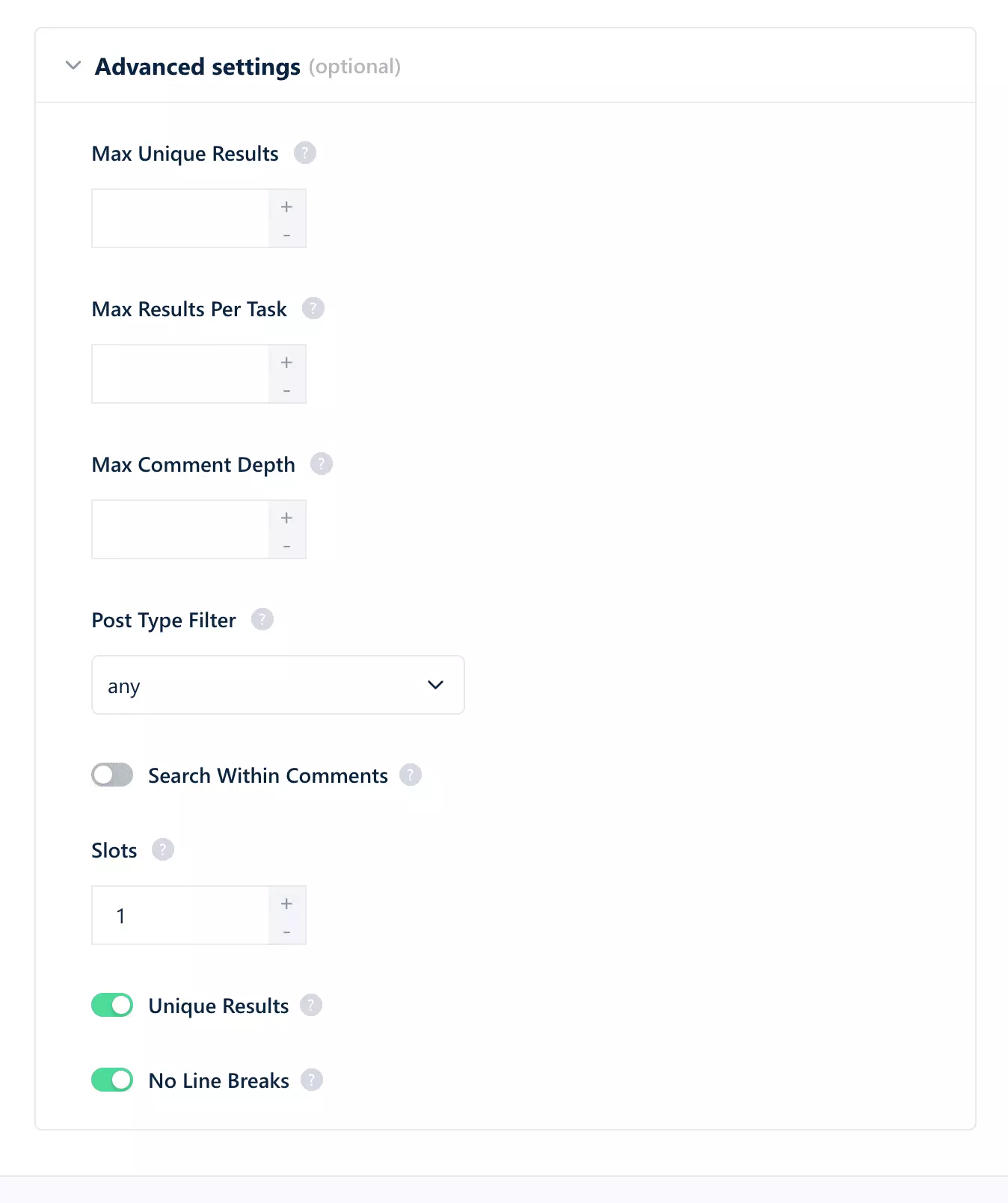 Reddit Scraper advanced settings including Slots