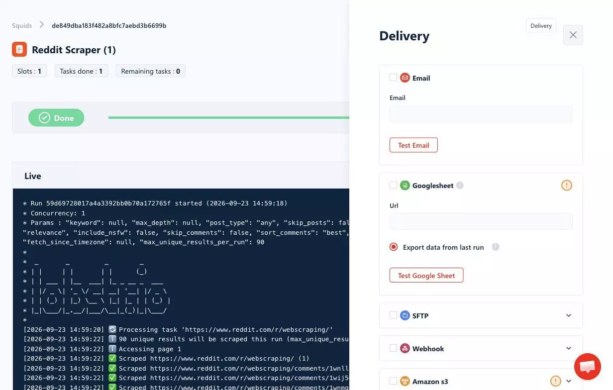 lobstr.io delivery options: email, Google Sheets, SFTP, webhook and Amazon S3