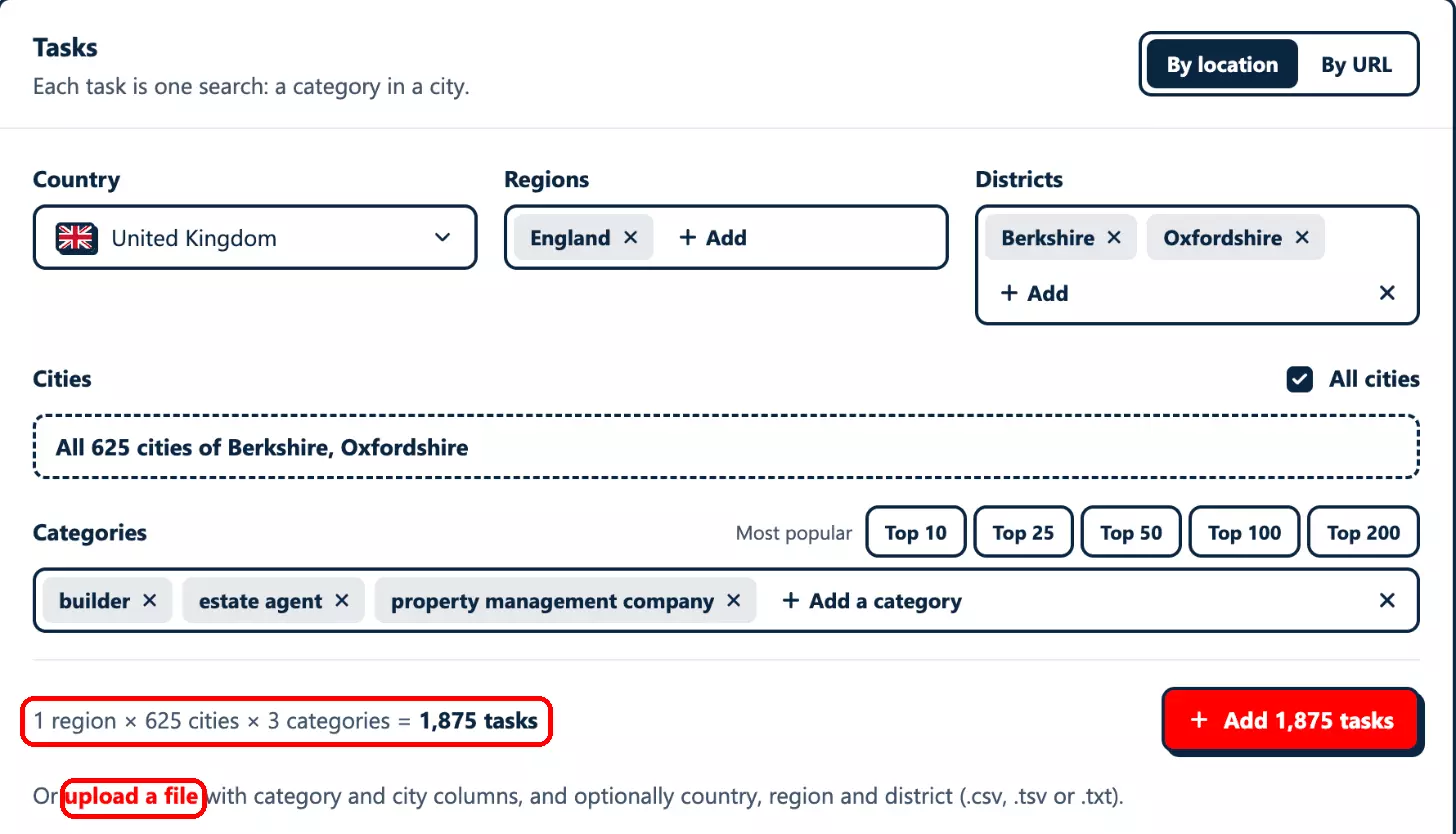 Google Maps Leads Scraper tasks: 3 categories (builder, estate agent, property management company) x 625 towns of Berkshire and Oxfordshire = 1,875 searches