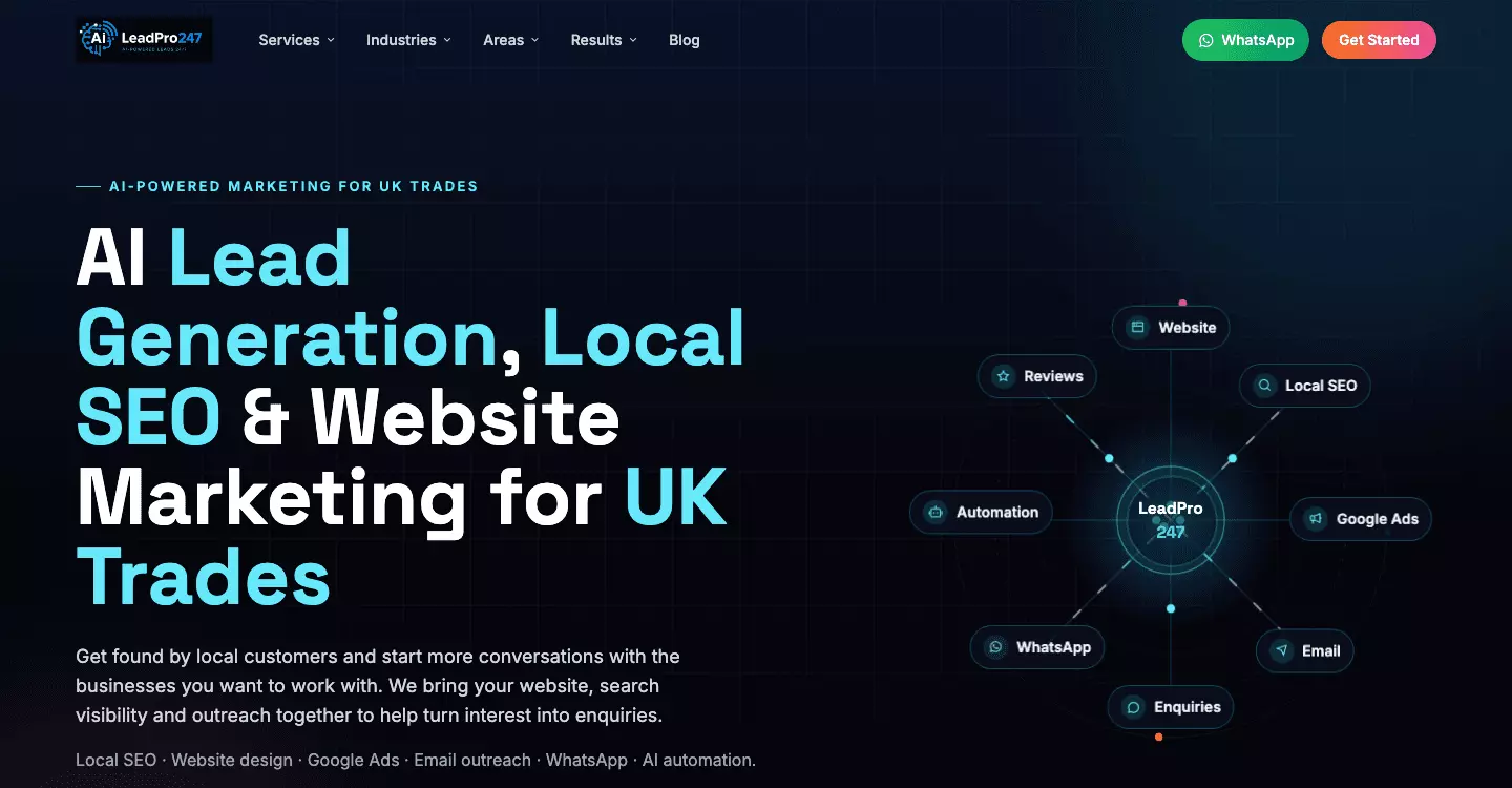 LeadPro247 homepage: AI lead generation, local SEO and website marketing for UK trades