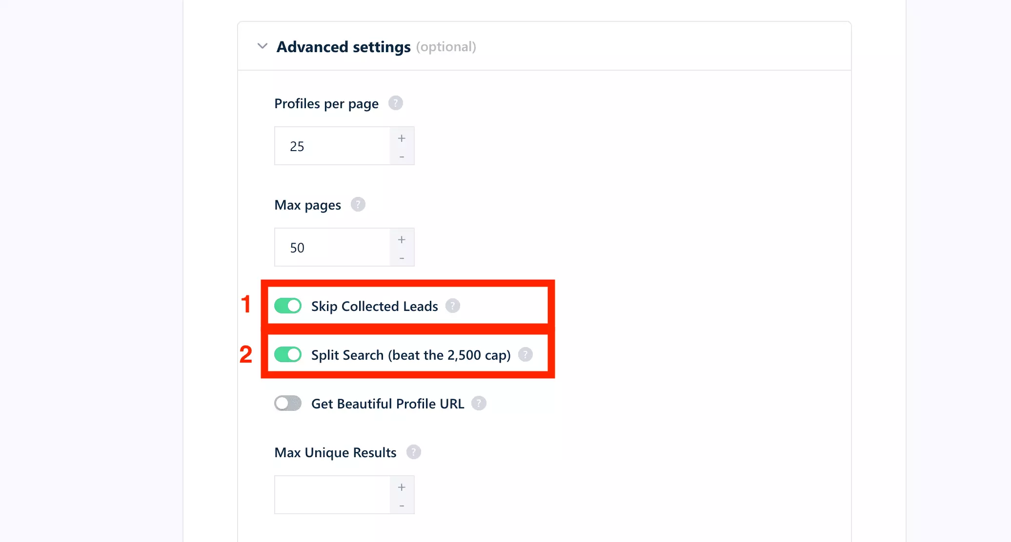lobstr.io advanced settings with the two toggles annotated: (1) Skip Collected Leads and (2) Split Search (beat the 2,500 cap), both enabled