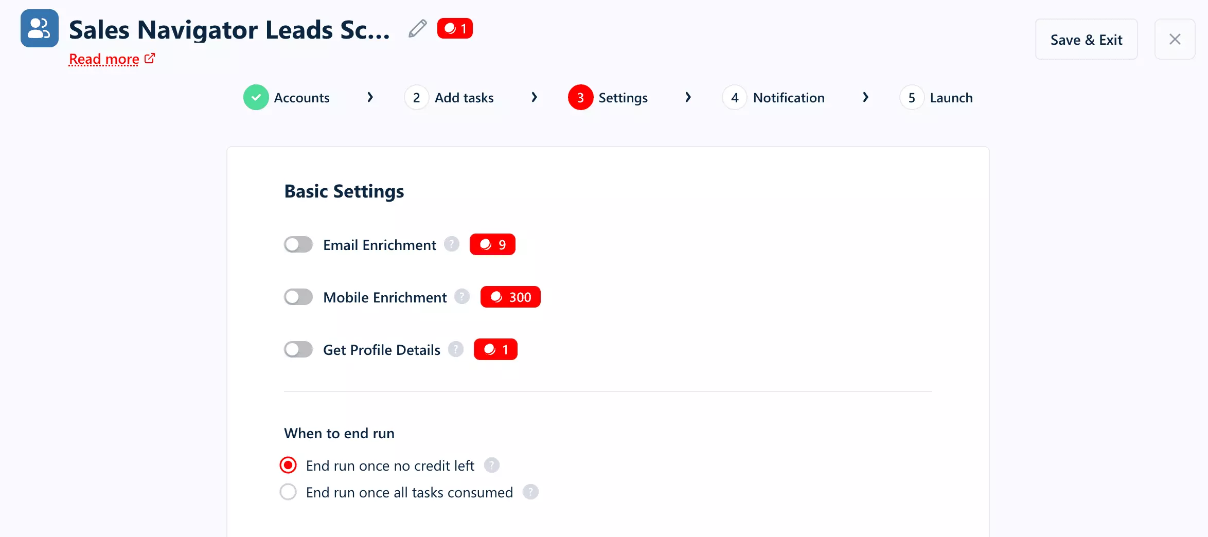 Squid basic settings: Email Enrichment, Mobile Enrichment and Get Profile Details toggles all switched off