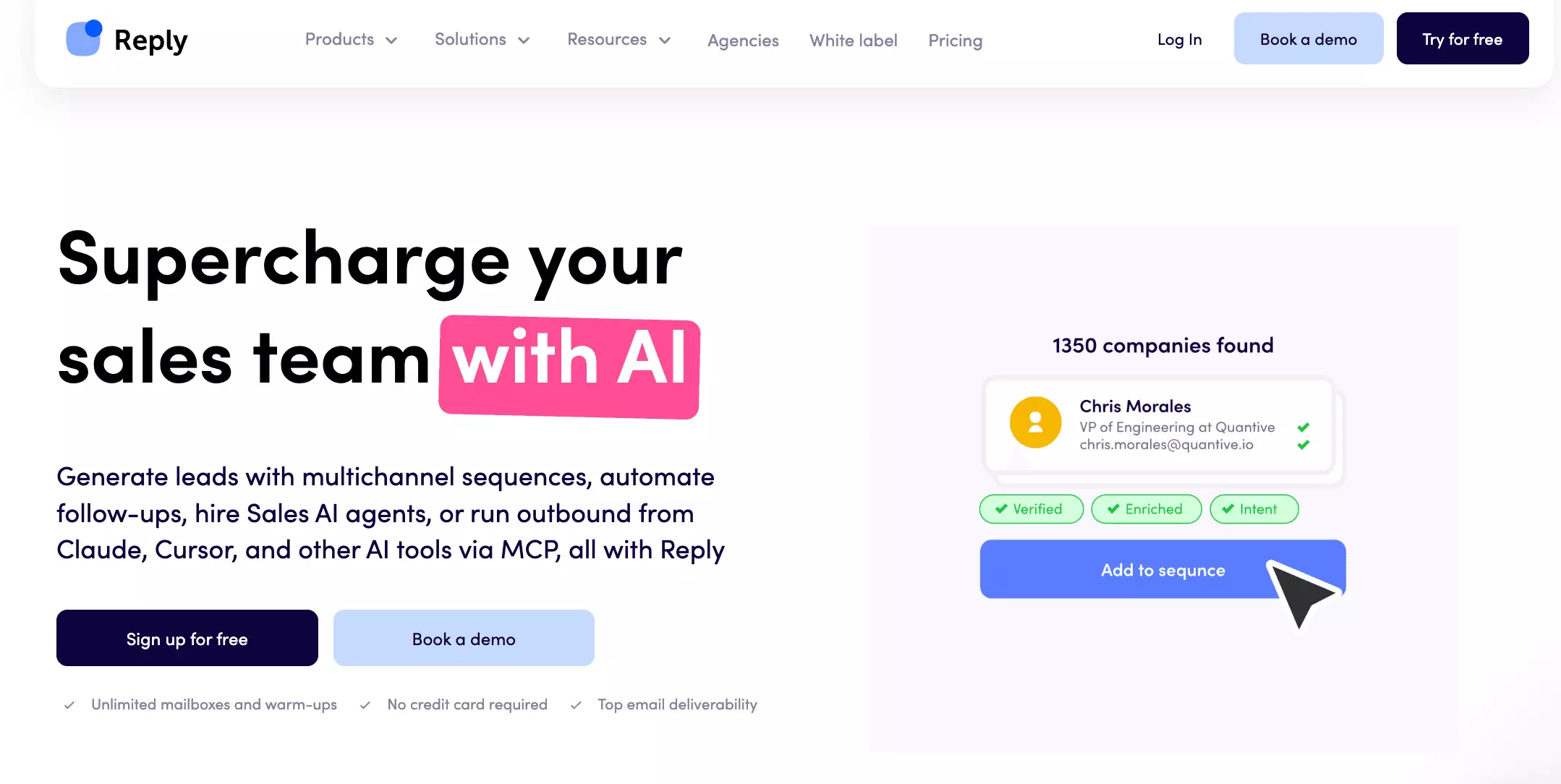 Reply.io homepage — Supercharge your sales team with AI: multichannel sequences, AI agents, and MCP outbound