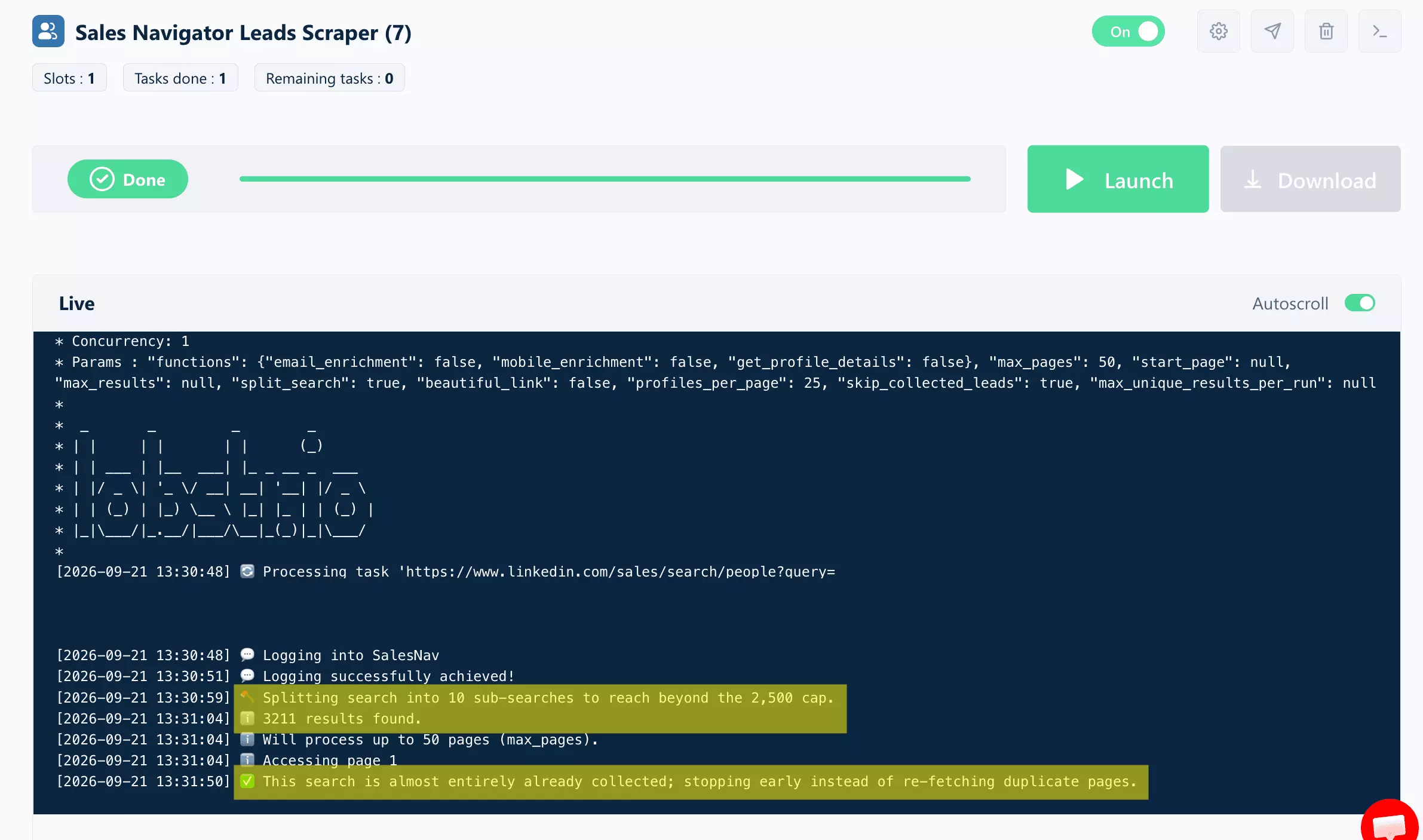Live run log of Reply.io's Sales Navigator Leads Scraper squid, key lines highlighted: search split into 10 sub-searches to reach beyond the 2,500 cap, 3,211 results found, early stop on already-collected pages (search parameters redacted)