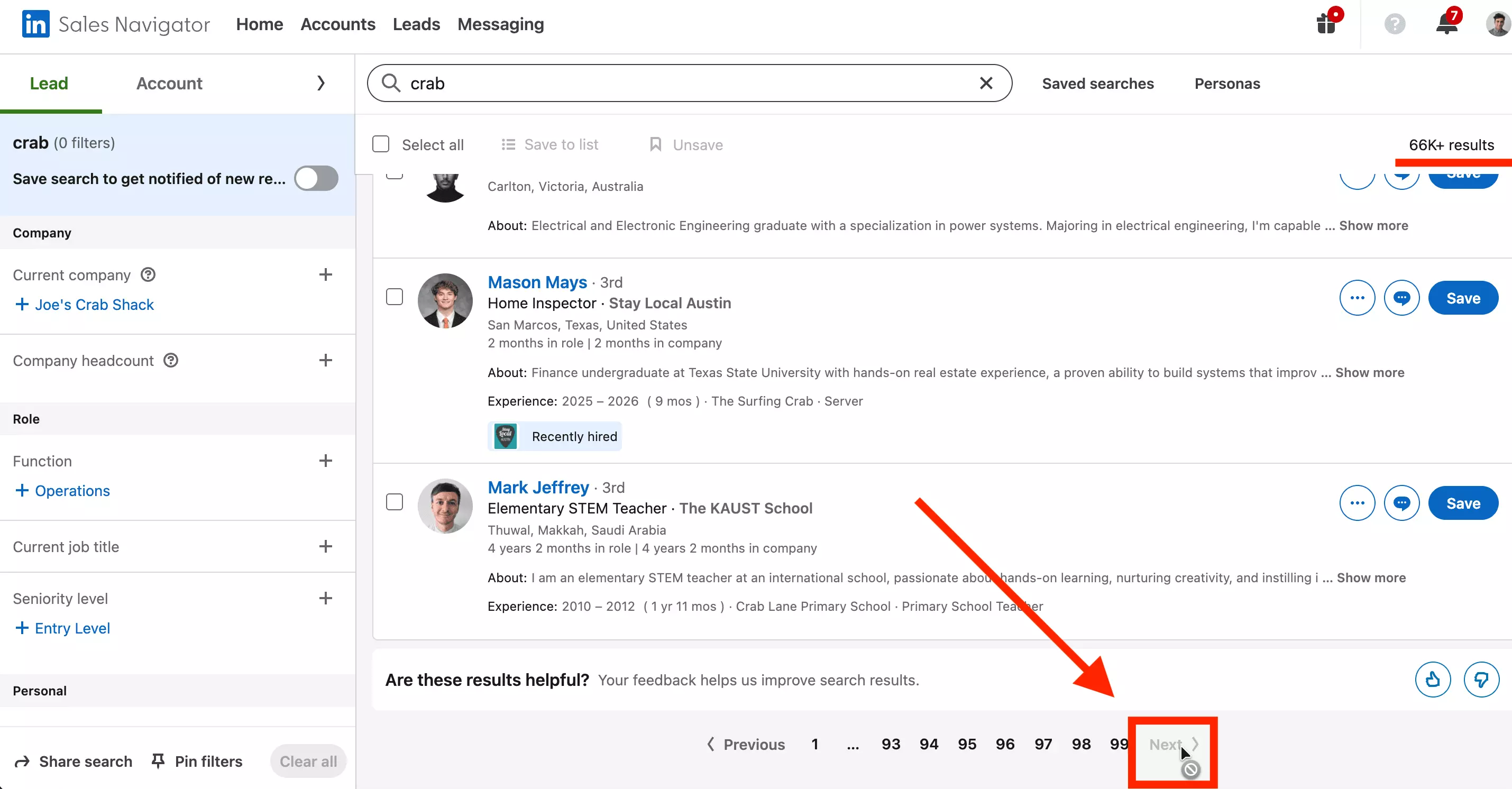 Sales Navigator search matching 66K+ results, but pagination stops at page 100 and the Next button goes dead — the 2,500-result display wall