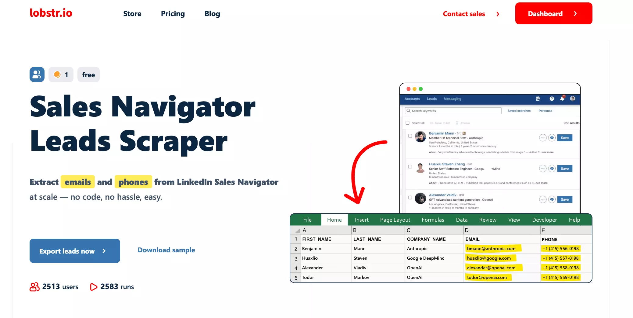 Sales Navigator Leads Scraper on the lobstr.io store — extract emails and phones from LinkedIn Sales Navigator at scale