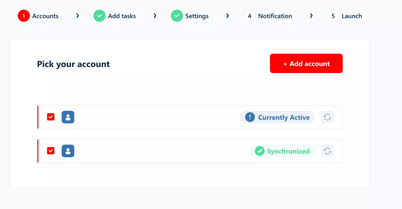 Two Sales Navigator accounts synced on the squid — one currently active, one synchronized and ready to rotate (account emails redacted)
