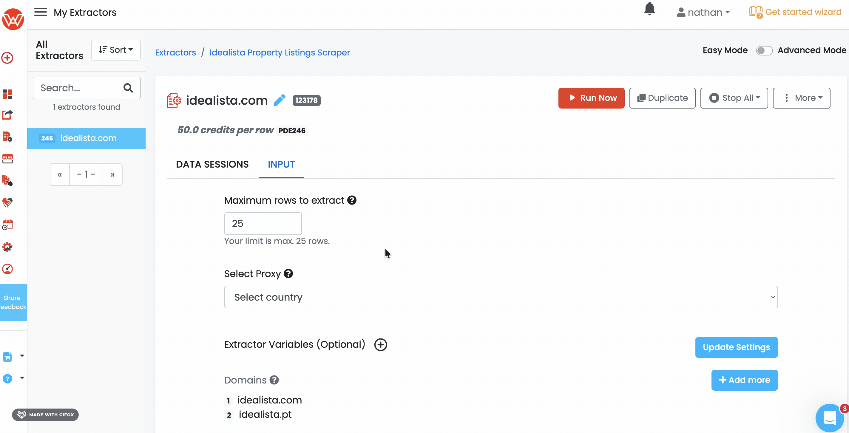 GIF showing WebAutomation.io URL-first input interface for Idealista scraper