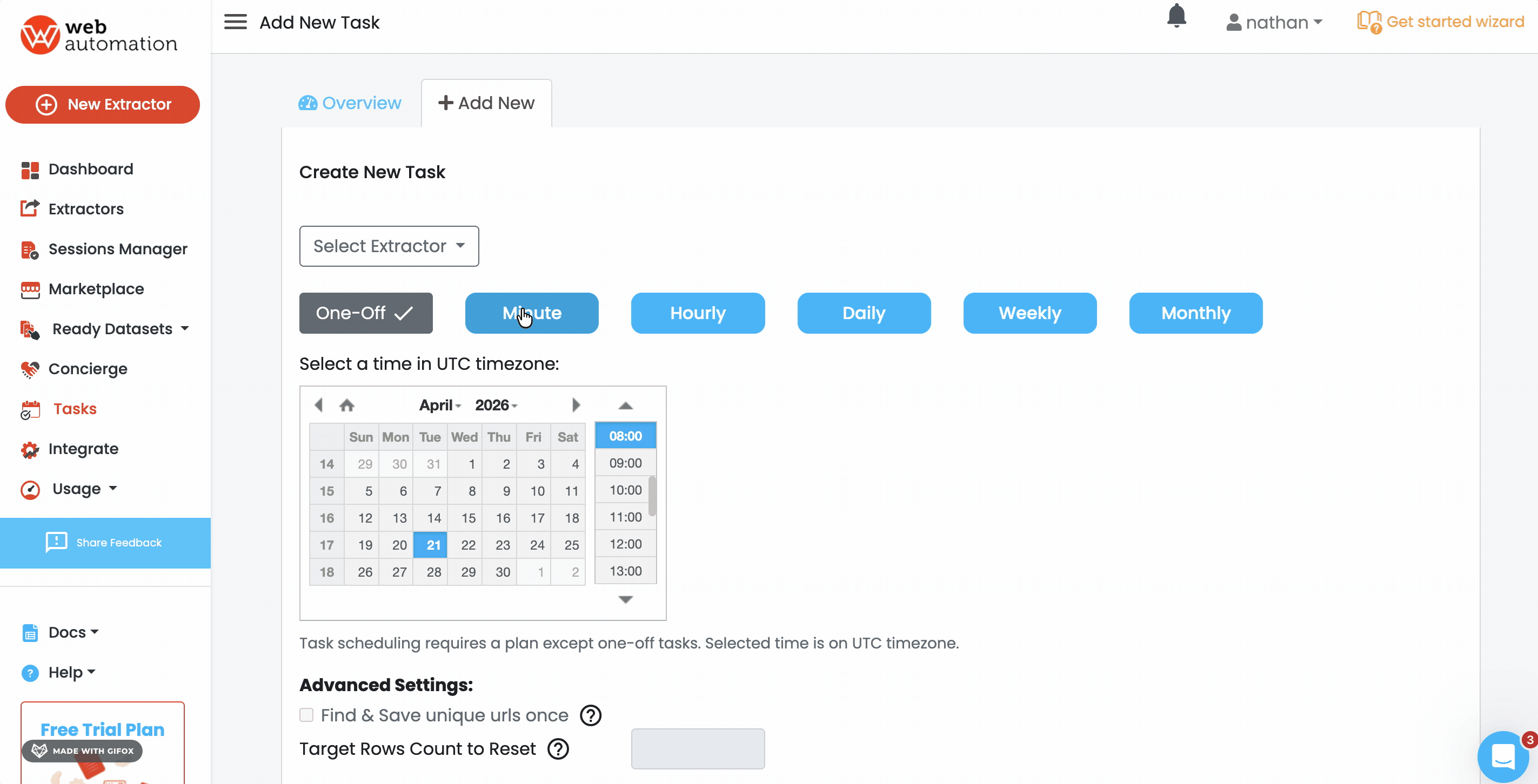 GIF of WebAutomation.io visual cron builder with frequency options — One-Off, Minute, Hourly, Daily, Weekly, Monthly