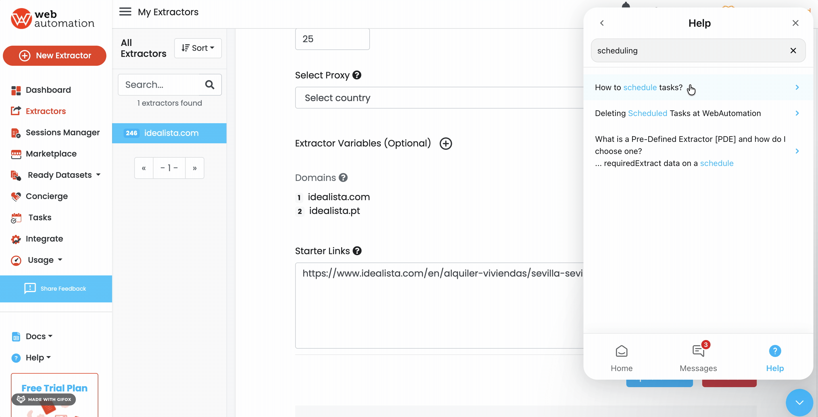 GIF of WebAutomation.io support chat surfacing the scheduling help article